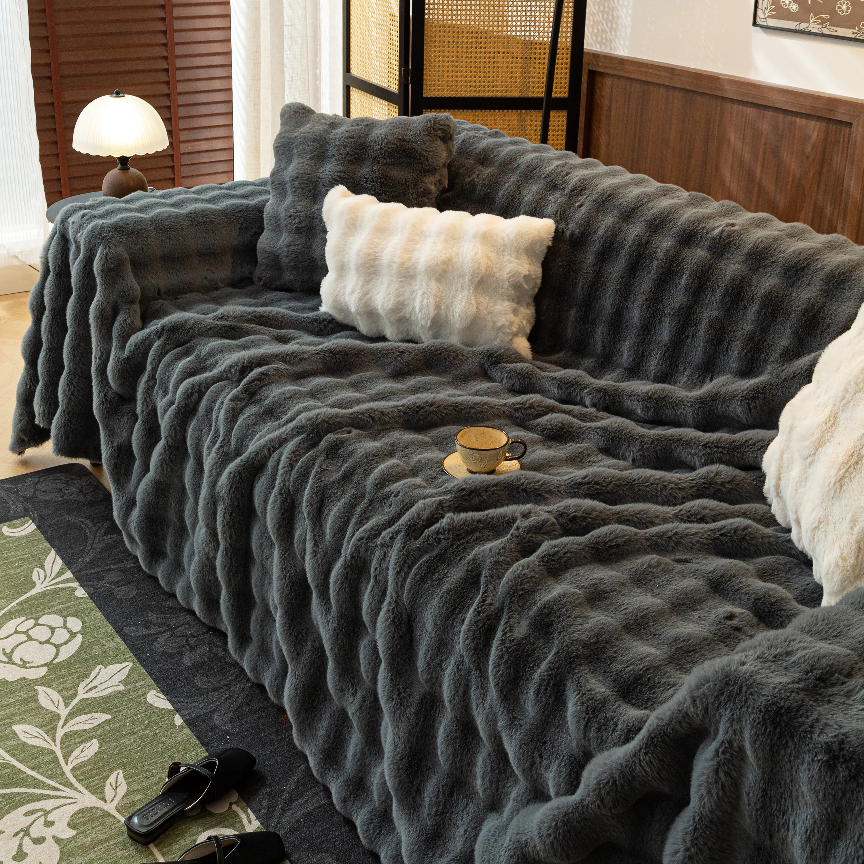 Thick Faux Fur Sofa Cover Fluffy Plush Warm Sofa Slipcover Furniture Protector for Couch Bed - Image 100