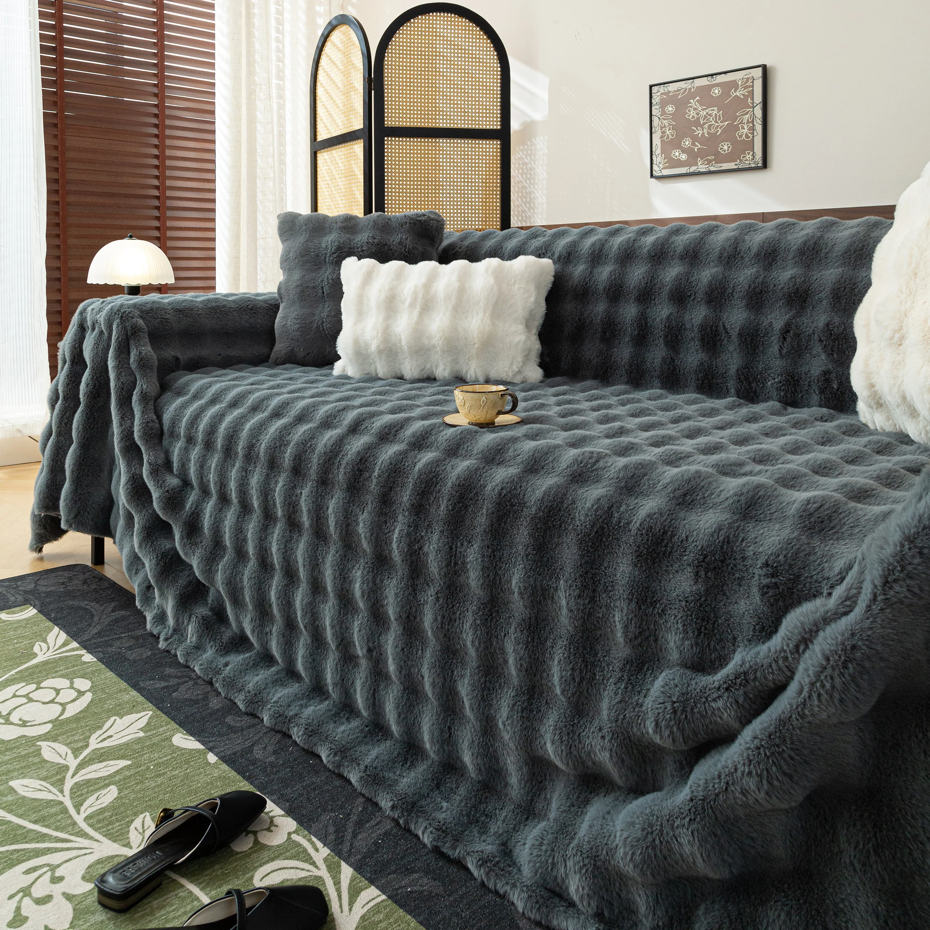 Thick Faux Fur Sofa Cover Fluffy Plush Warm Sofa Slipcover Furniture Protector for Couch Bed - Image 101