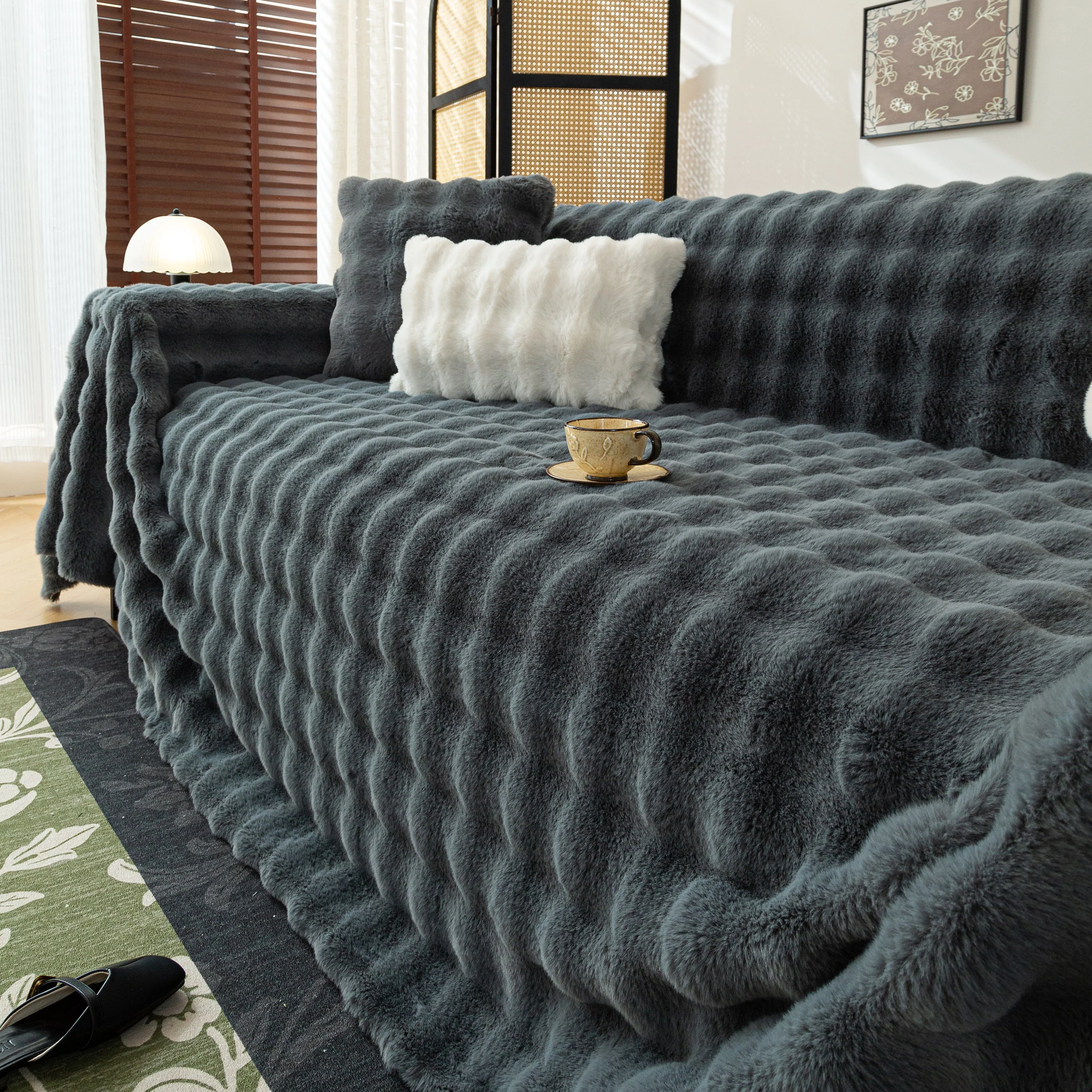 Thick Faux Fur Sofa Cover Fluffy Plush Warm Sofa Slipcover Furniture Protector for Couch Bed - Image 102