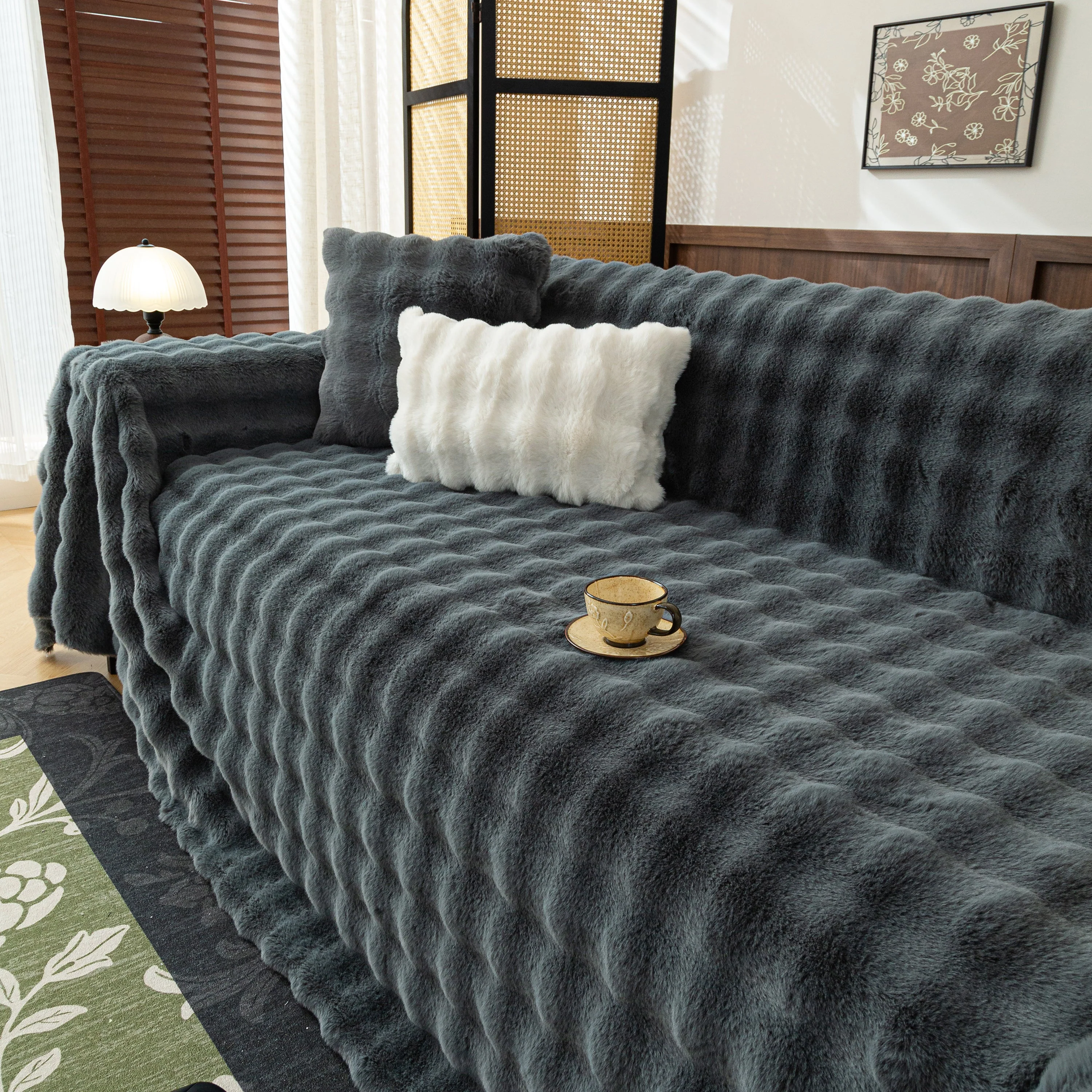 Thick Faux Fur Sofa Cover Fluffy Plush Warm Sofa Slipcover Furniture Protector for Couch Bed - Image 103