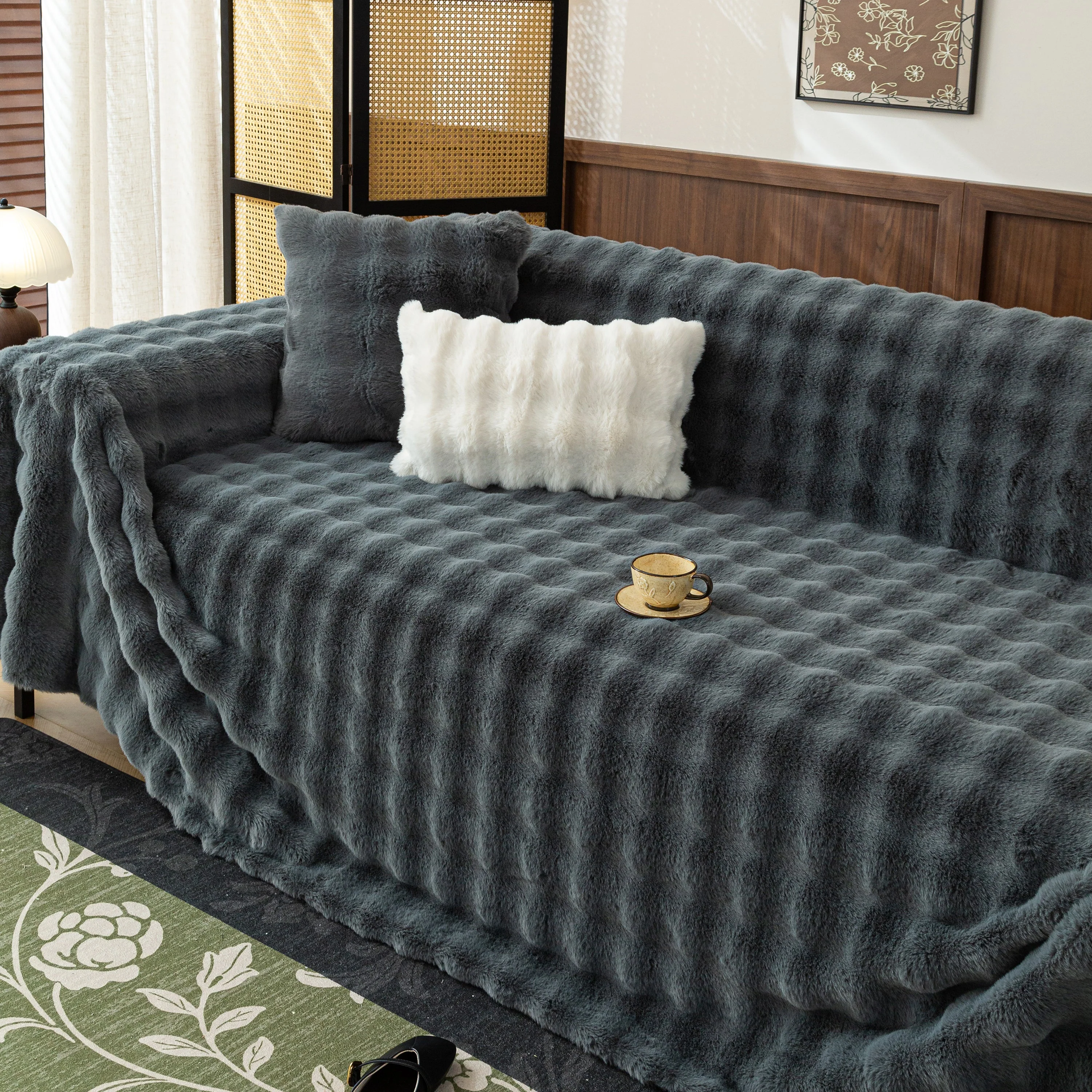 Thick Faux Fur Sofa Cover Fluffy Plush Warm Sofa Slipcover Furniture Protector for Couch Bed - Image 105