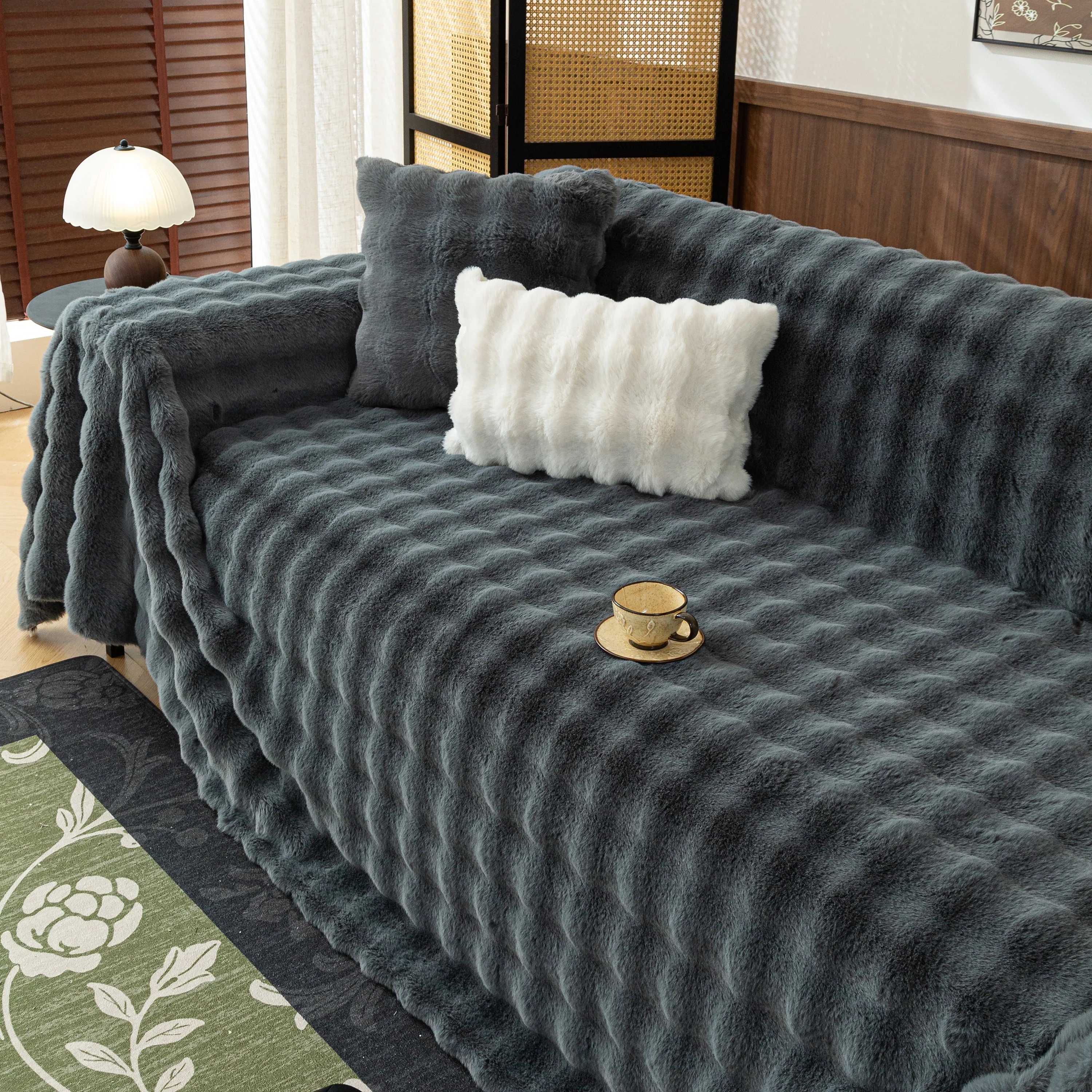Thick Faux Fur Sofa Cover Fluffy Plush Warm Sofa Slipcover Furniture Protector for Couch Bed - Image 106