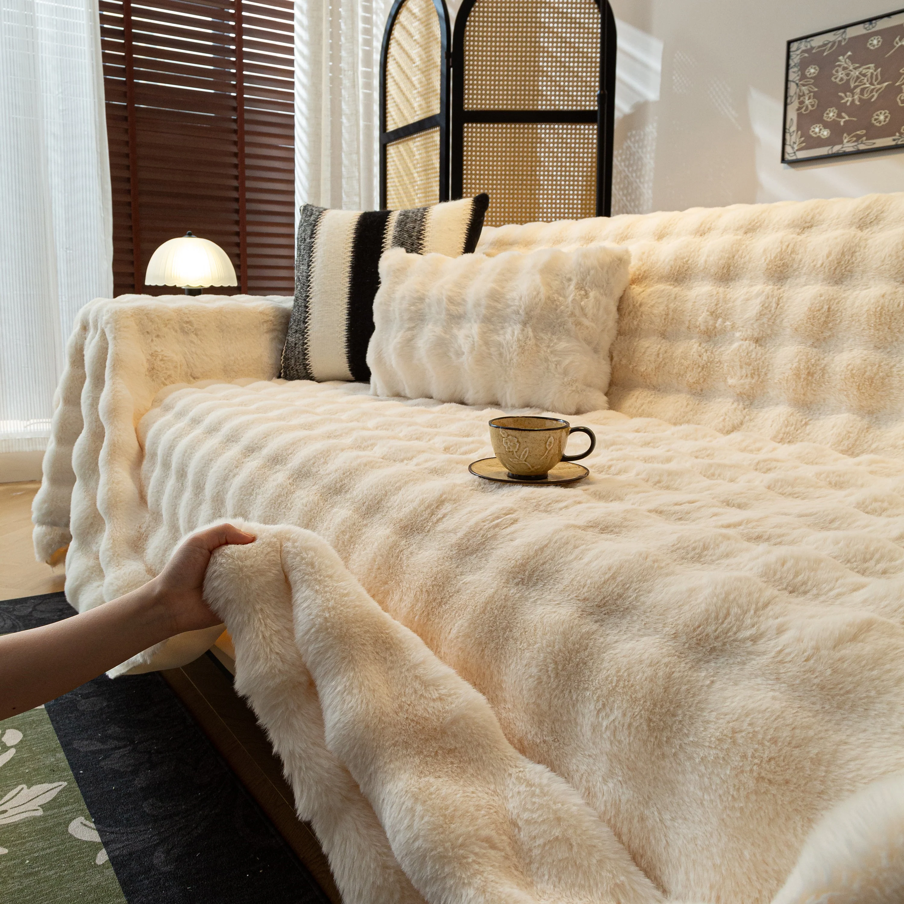 Thick Faux Fur Sofa Cover Fluffy Plush Warm Sofa Slipcover Furniture Protector for Couch Bed - Image 107