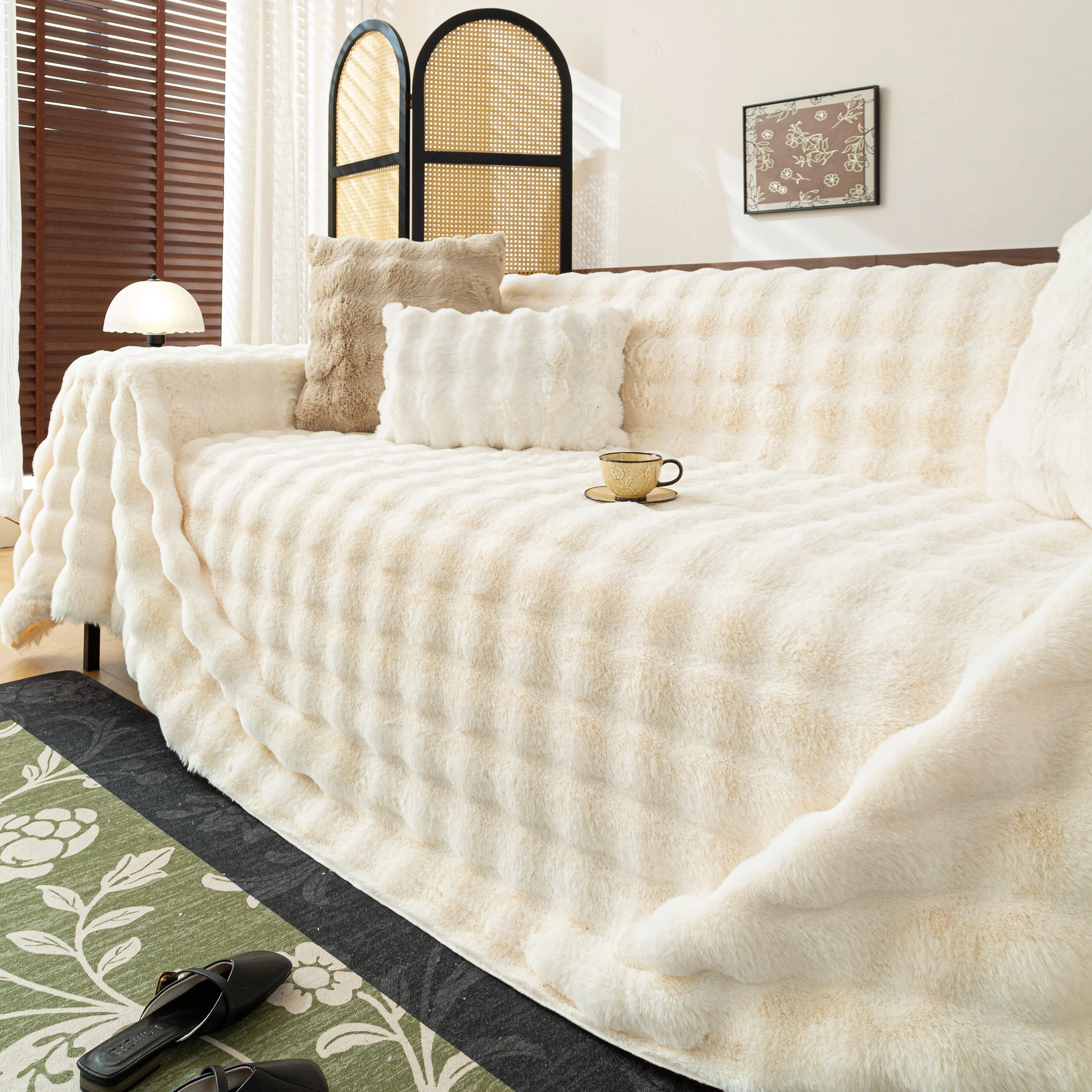 Thick Faux Fur Sofa Cover Fluffy Plush Warm Sofa Slipcover Furniture Protector for Couch Bed - Image 114
