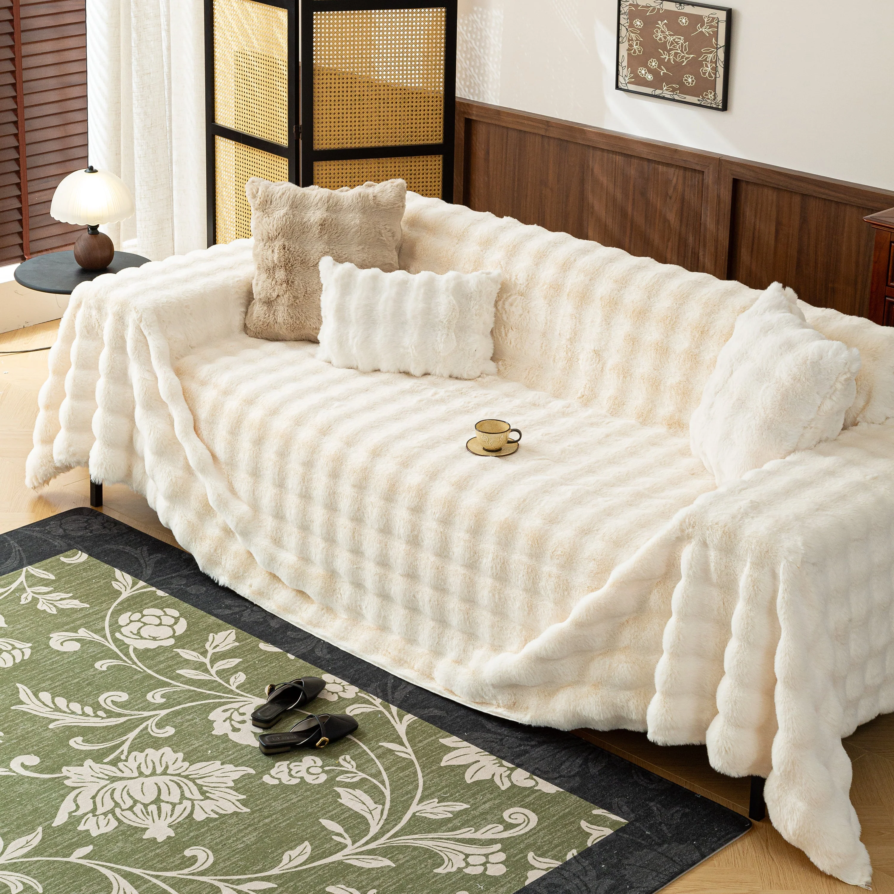 Thick Faux Fur Sofa Cover Fluffy Plush Warm Sofa Slipcover Furniture Protector for Couch Bed - Image 118