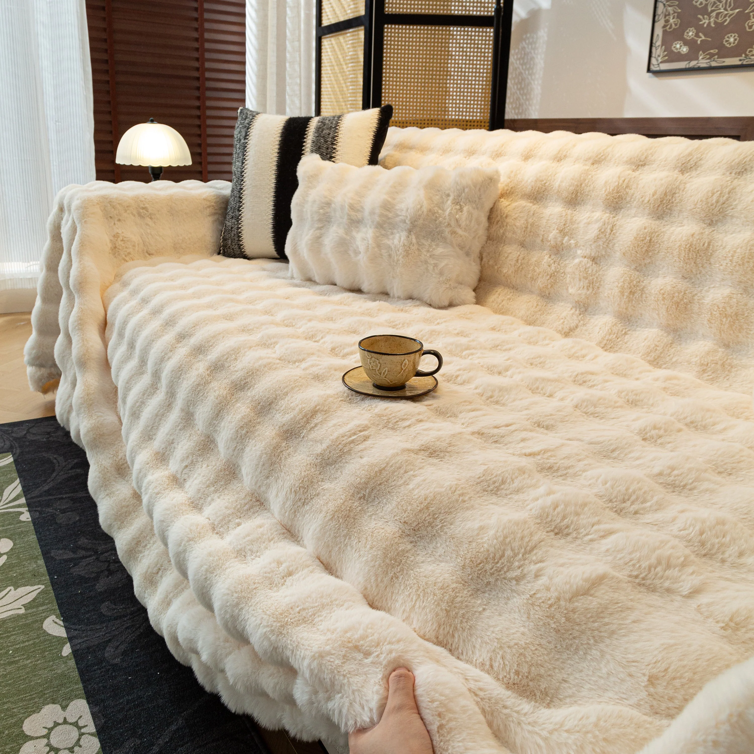 Thick Faux Fur Sofa Cover Fluffy Plush Warm Sofa Slipcover Furniture Protector for Couch Bed - Image 121