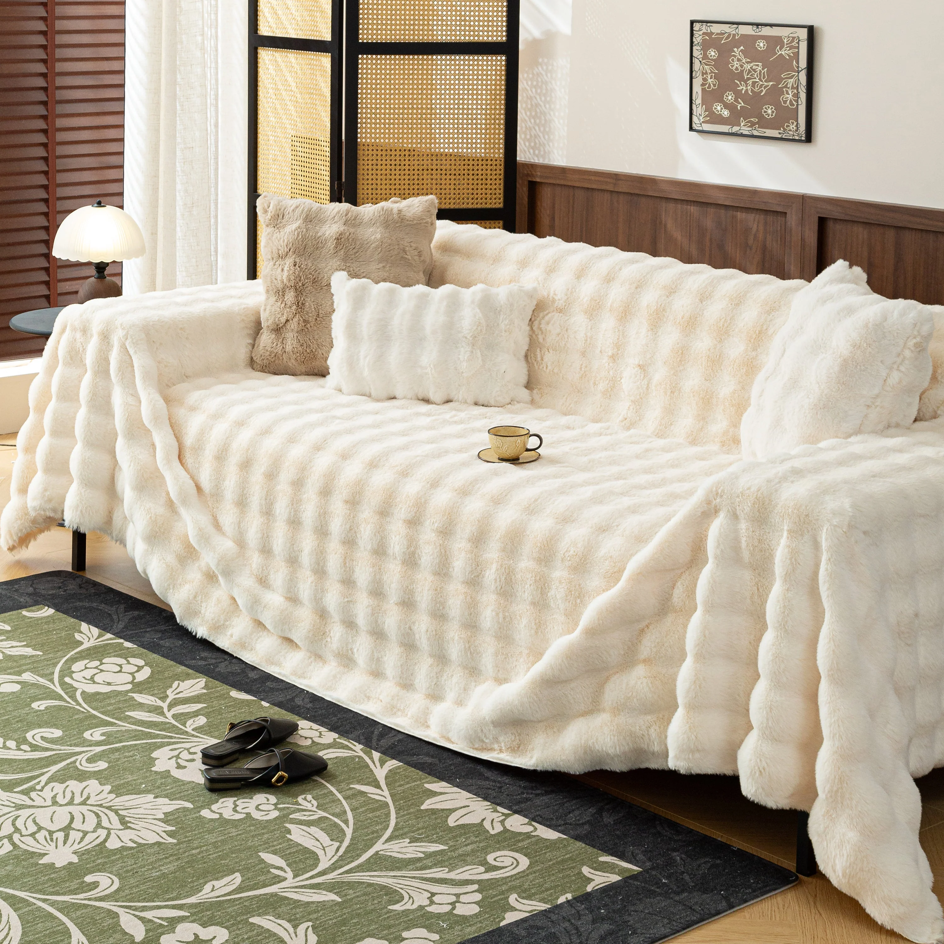 Thick Faux Fur Sofa Cover Fluffy Plush Warm Sofa Slipcover Furniture Protector for Couch Bed - Image 124