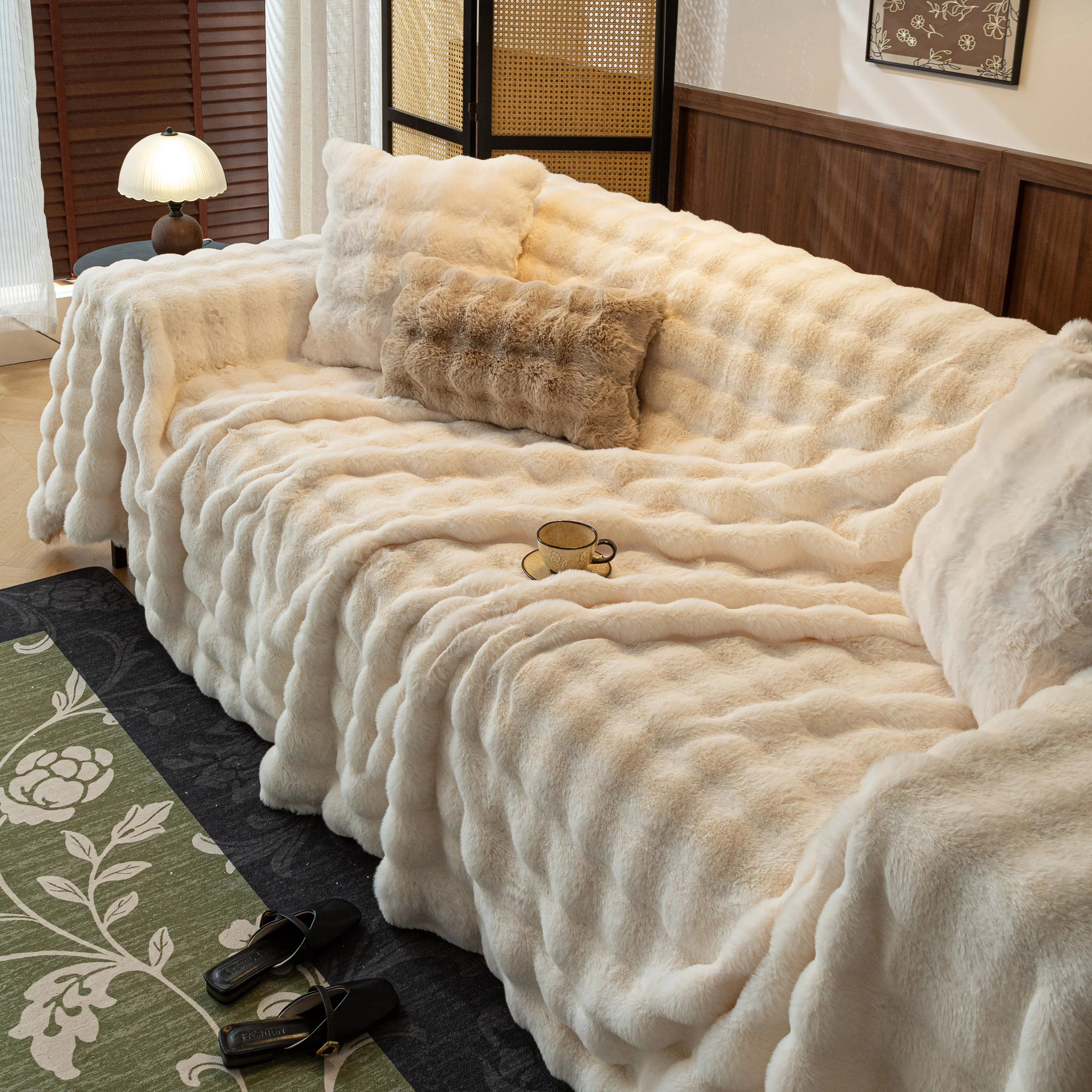 Thick Faux Fur Sofa Cover Fluffy Plush Warm Sofa Slipcover Furniture Protector for Couch Bed - Image 125