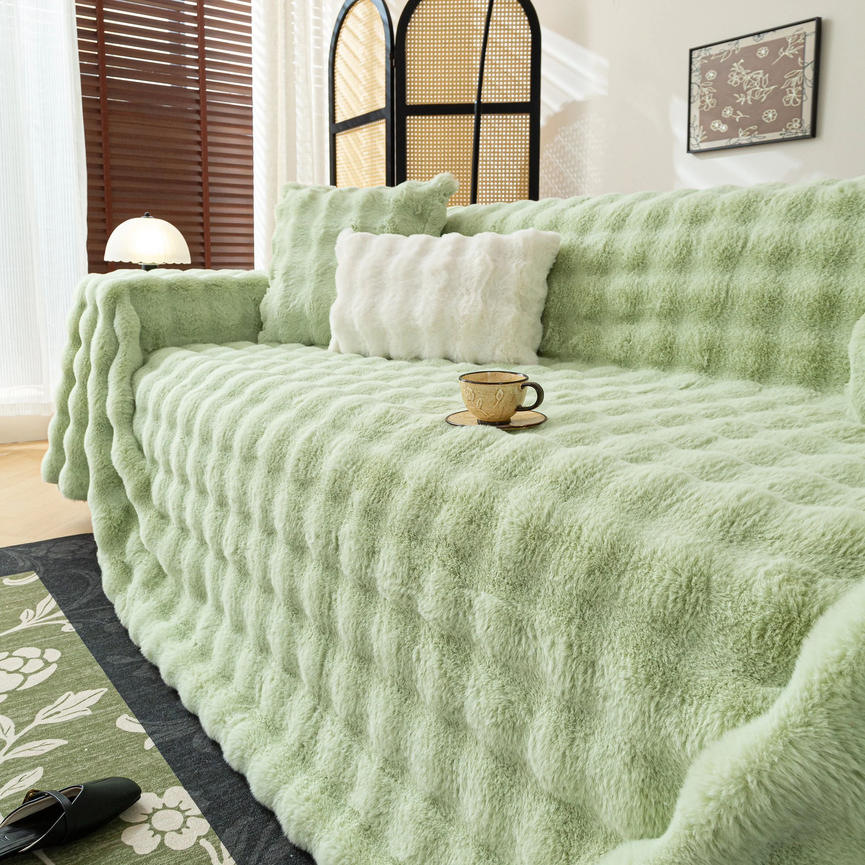 Thick Faux Fur Sofa Cover Fluffy Plush Warm Sofa Slipcover Furniture Protector for Couch Bed - Image 48