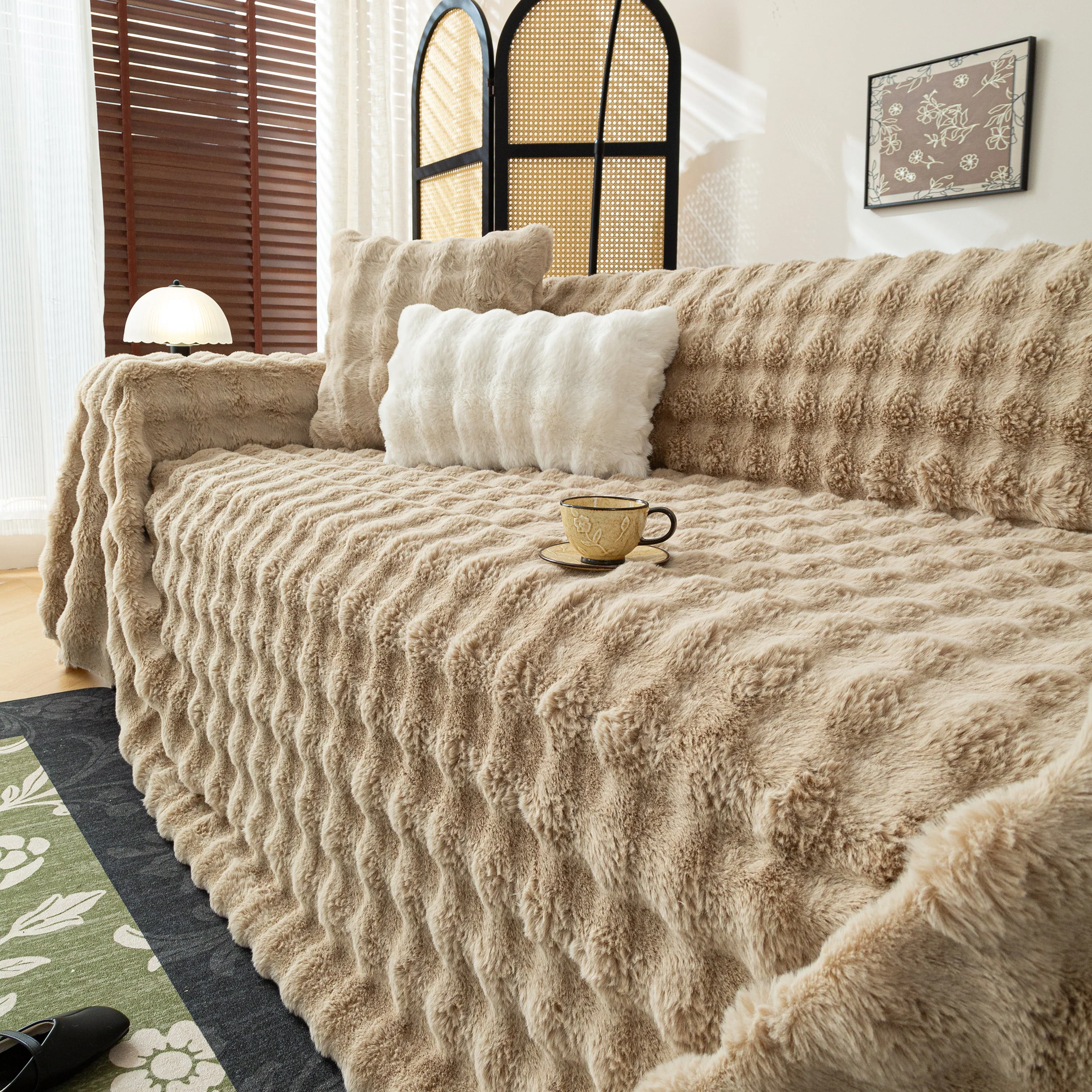 Thick Faux Fur Sofa Cover Fluffy Plush Warm Sofa Slipcover Furniture Protector for Couch Bed - Image 64