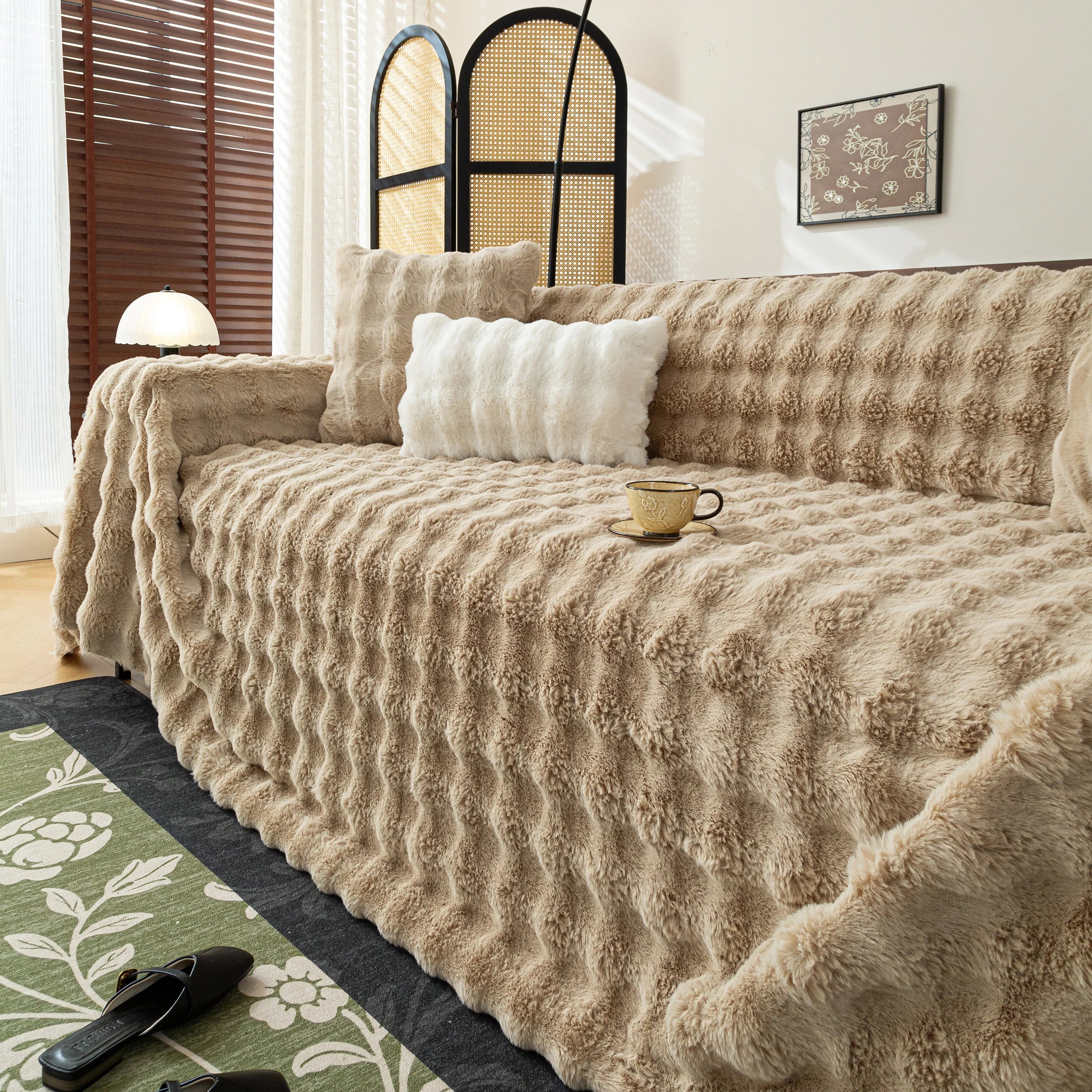 Thick Faux Fur Sofa Cover Fluffy Plush Warm Sofa Slipcover Furniture Protector for Couch Bed - Image 65