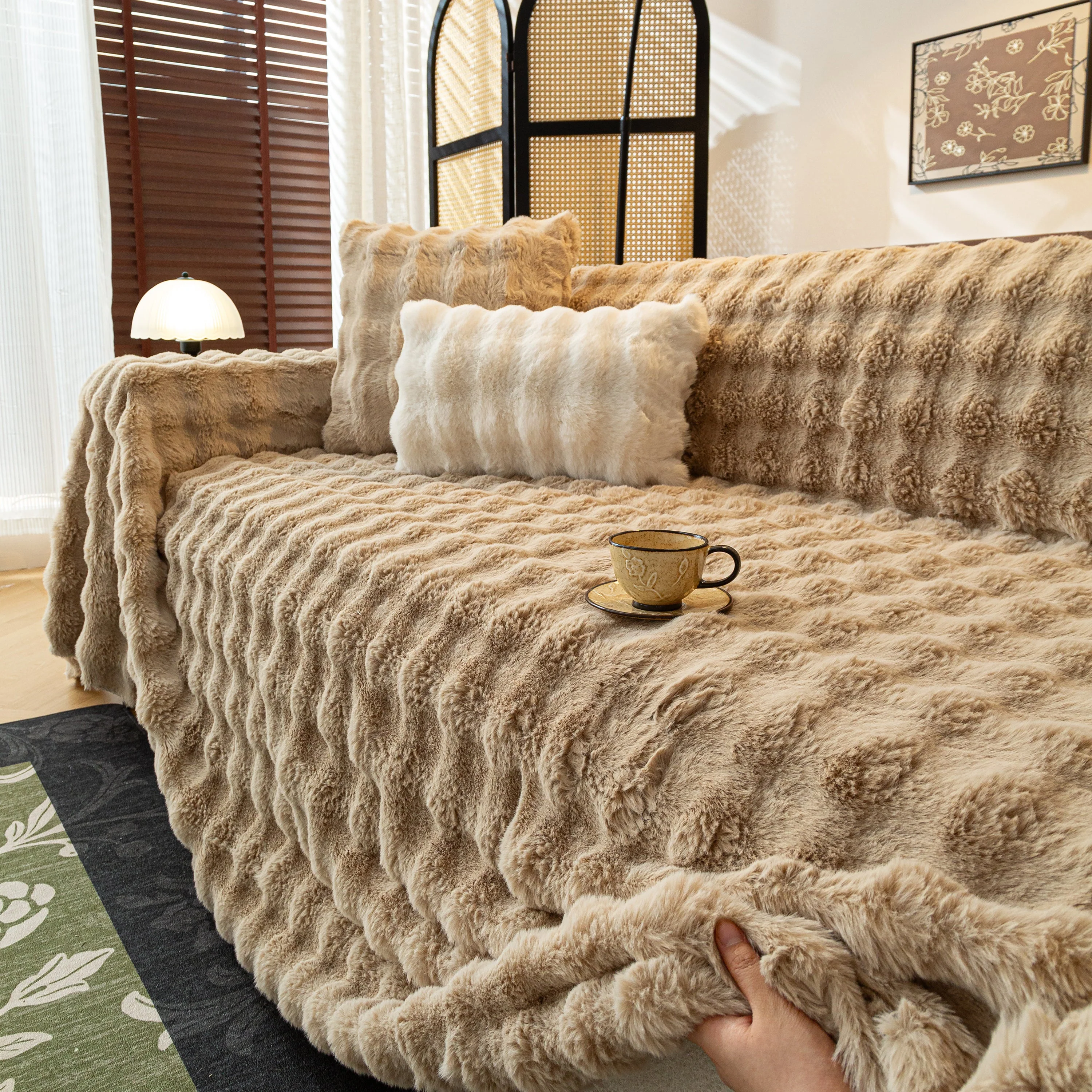 Thick Faux Fur Sofa Cover Fluffy Plush Warm Sofa Slipcover Furniture Protector for Couch Bed - Image 68