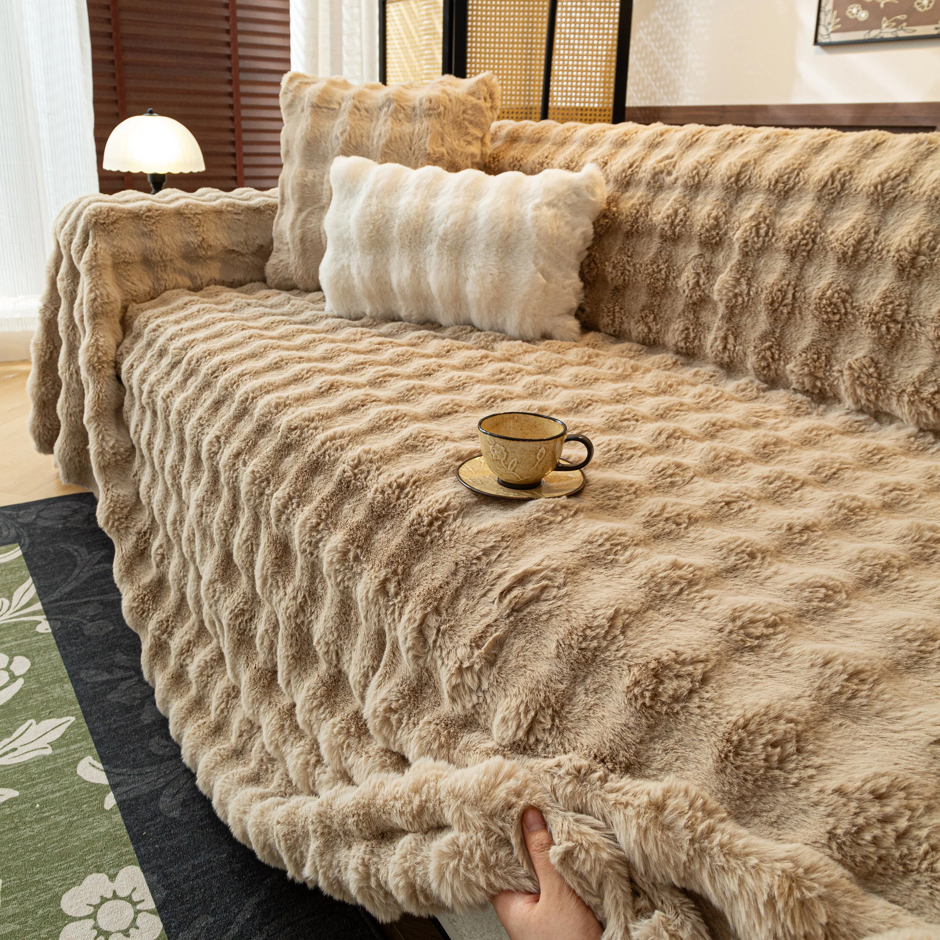 Thick Faux Fur Sofa Cover Fluffy Plush Warm Sofa Slipcover Furniture Protector for Couch Bed - Image 69