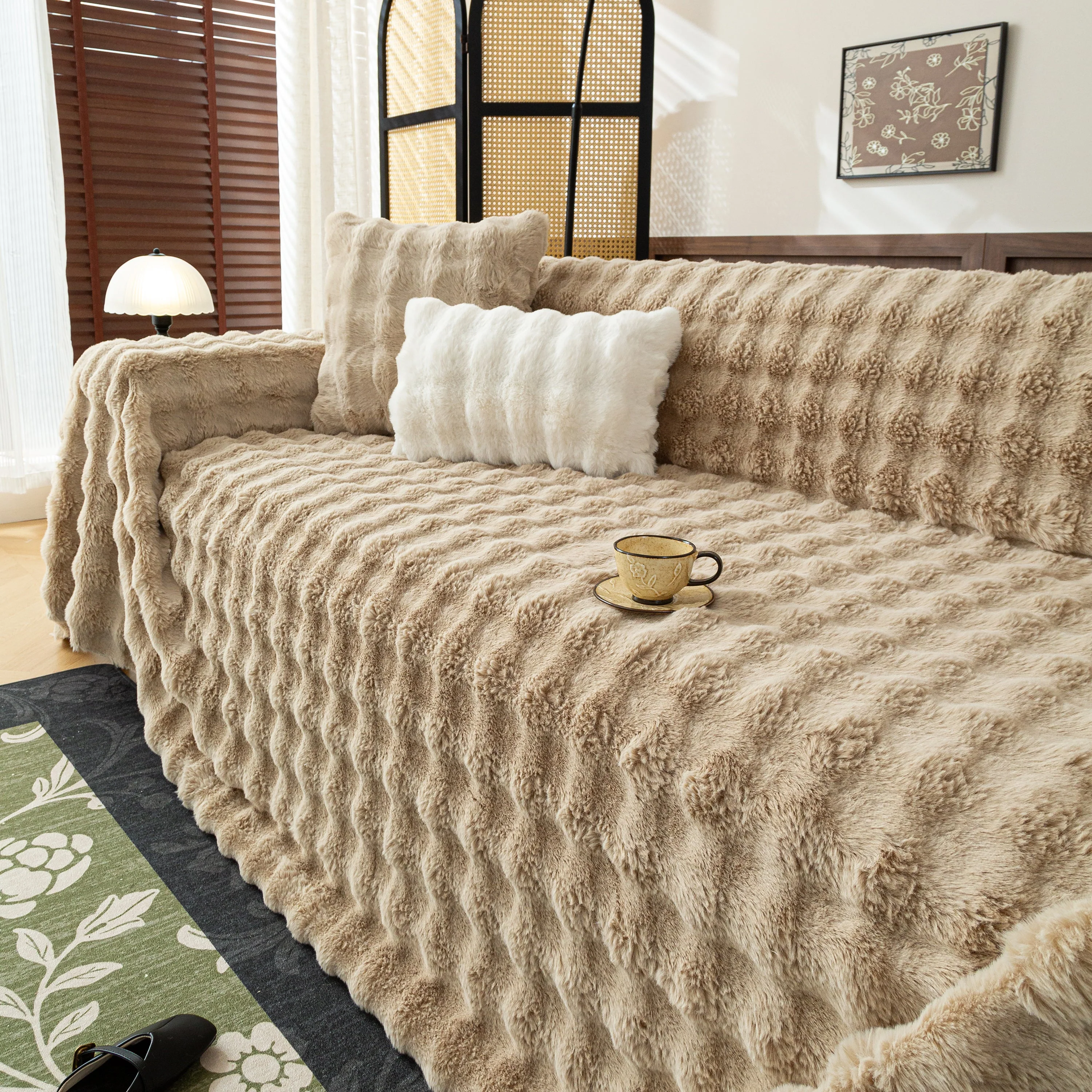 Thick Faux Fur Sofa Cover Fluffy Plush Warm Sofa Slipcover Furniture Protector for Couch Bed - Image 70