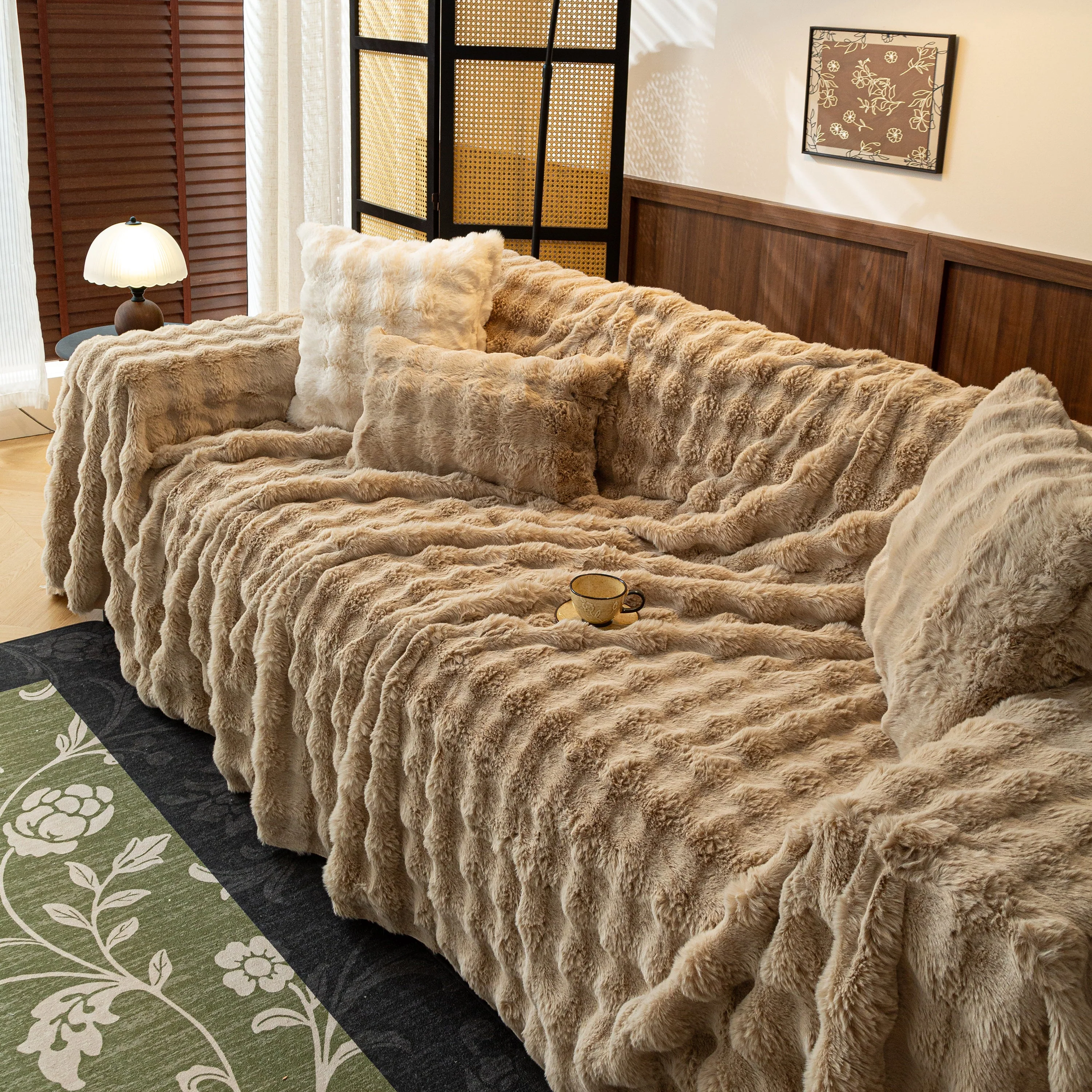 Thick Faux Fur Sofa Cover Fluffy Plush Warm Sofa Slipcover Furniture Protector for Couch Bed - Image 75