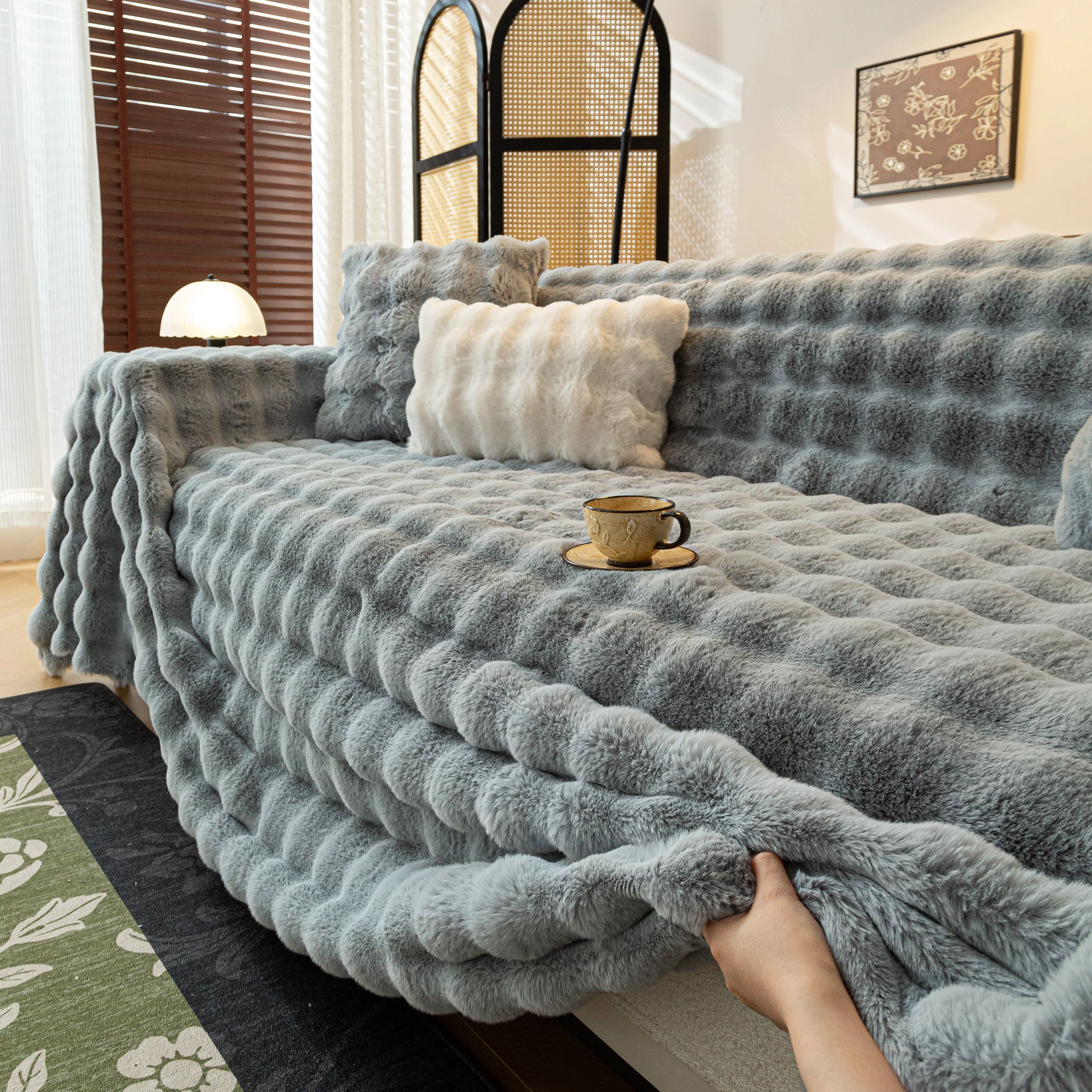 Thick Faux Fur Sofa Cover Fluffy Plush Warm Sofa Slipcover Furniture Protector for Couch Bed - Image 79