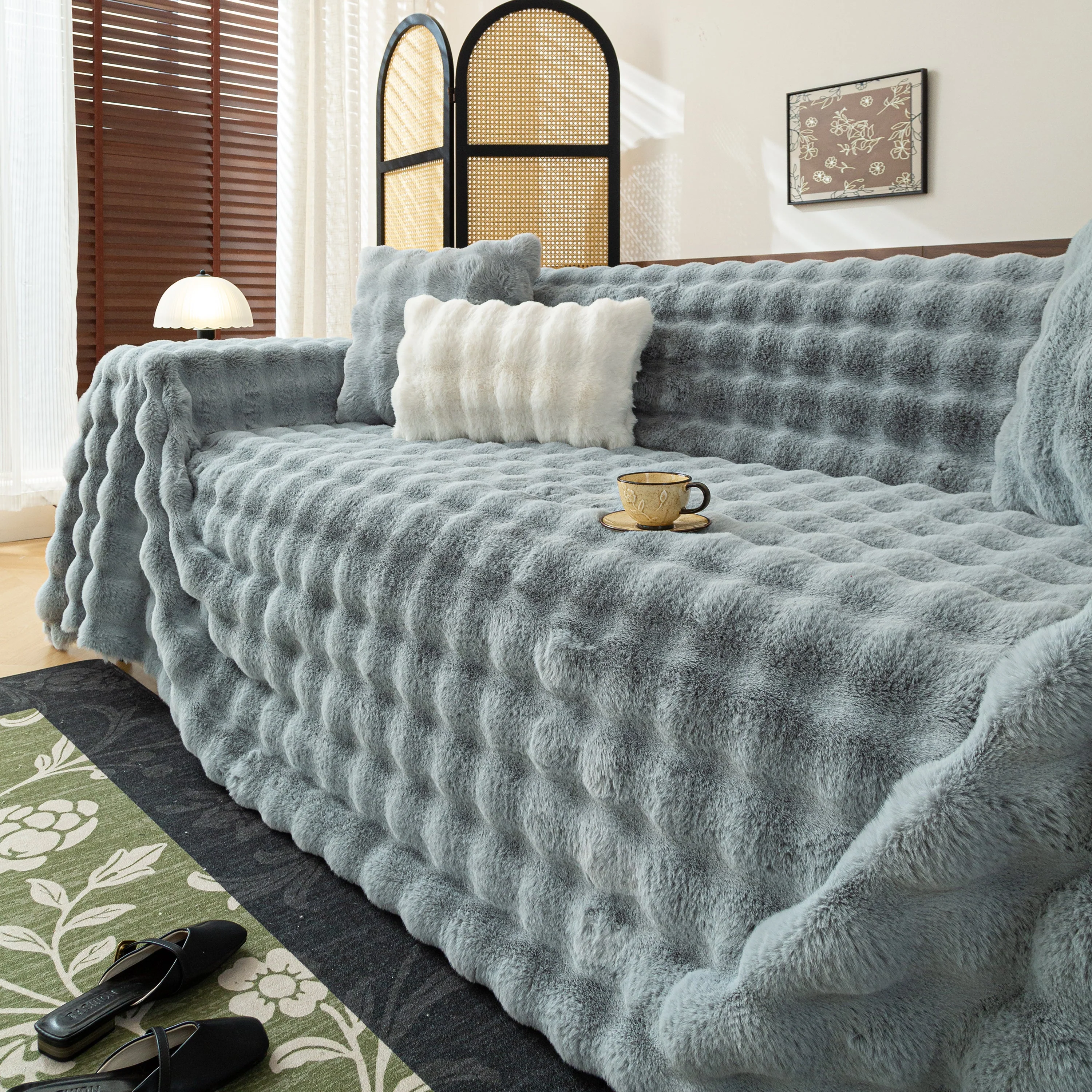 Thick Faux Fur Sofa Cover Fluffy Plush Warm Sofa Slipcover Furniture Protector for Couch Bed - Image 81