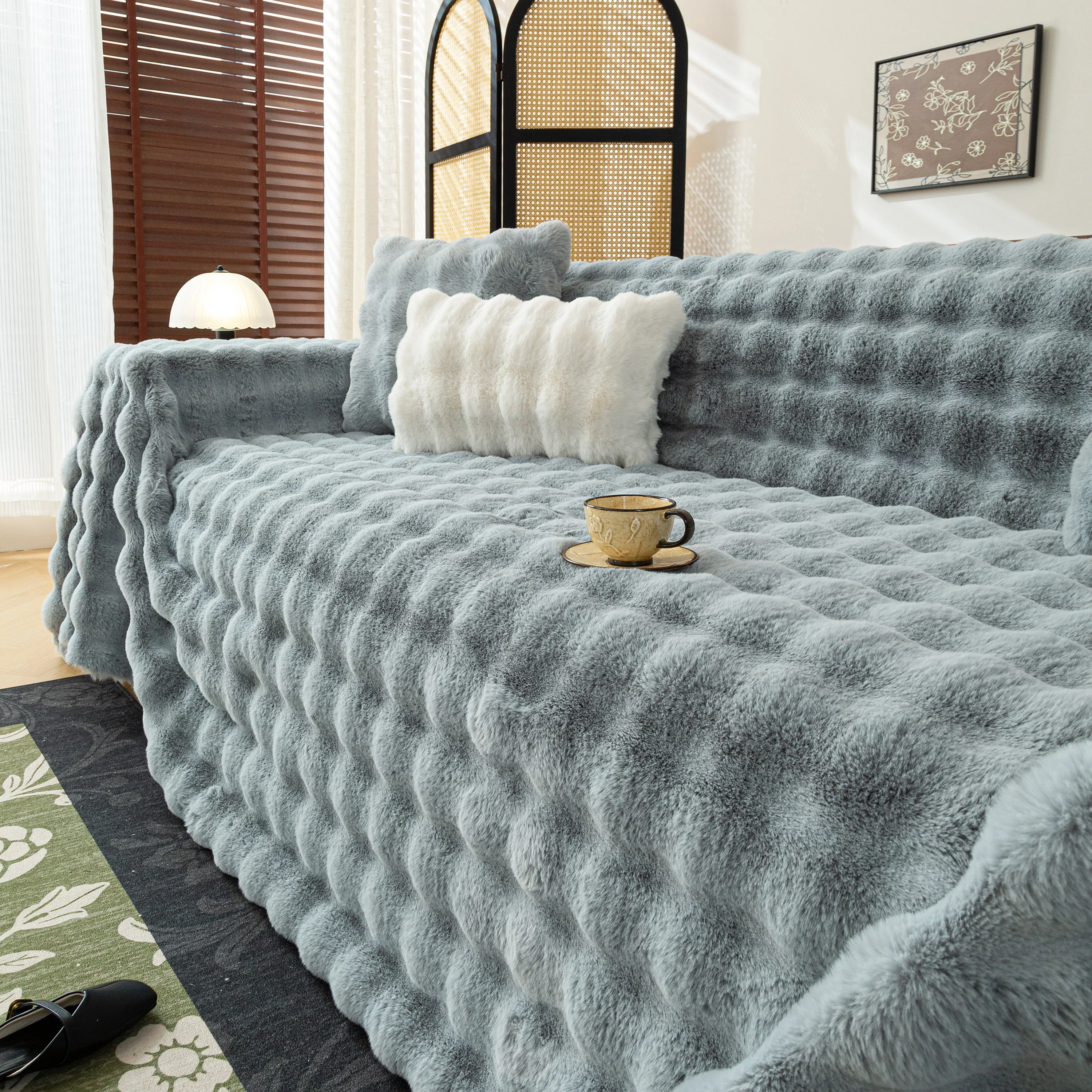 Thick Faux Fur Sofa Cover Fluffy Plush Warm Sofa Slipcover Furniture Protector for Couch Bed - Image 84