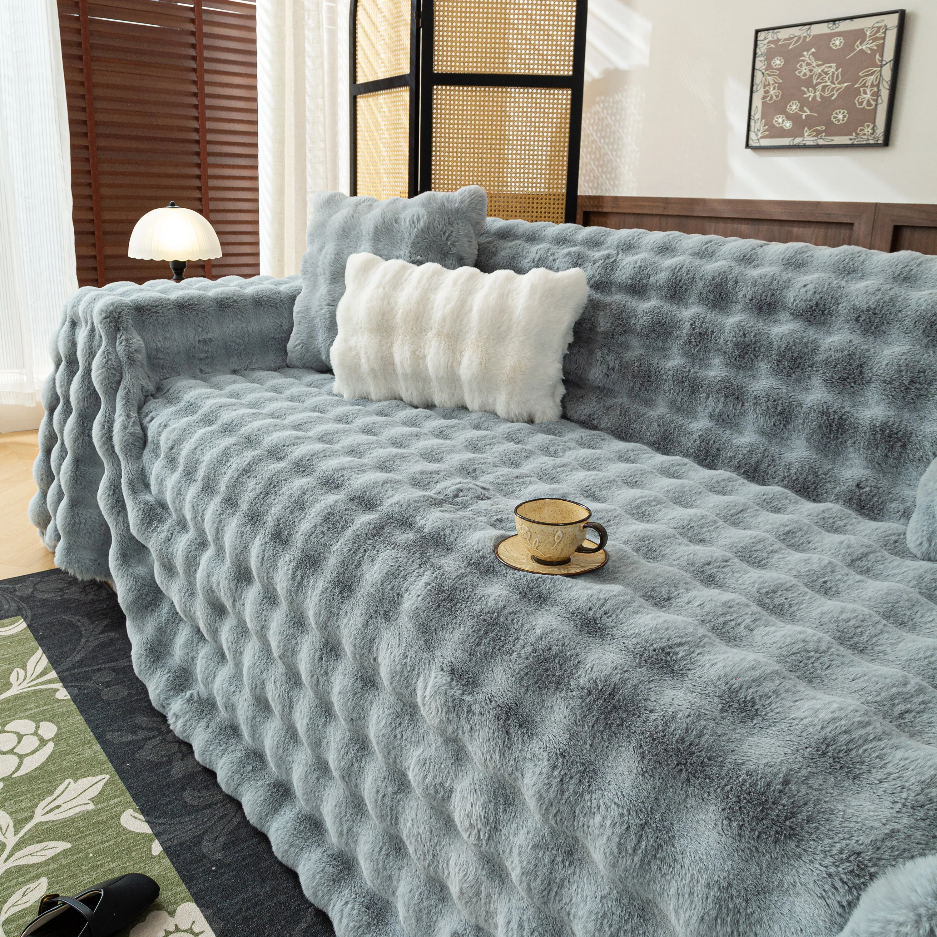 Thick Faux Fur Sofa Cover Fluffy Plush Warm Sofa Slipcover Furniture Protector for Couch Bed - Image 85