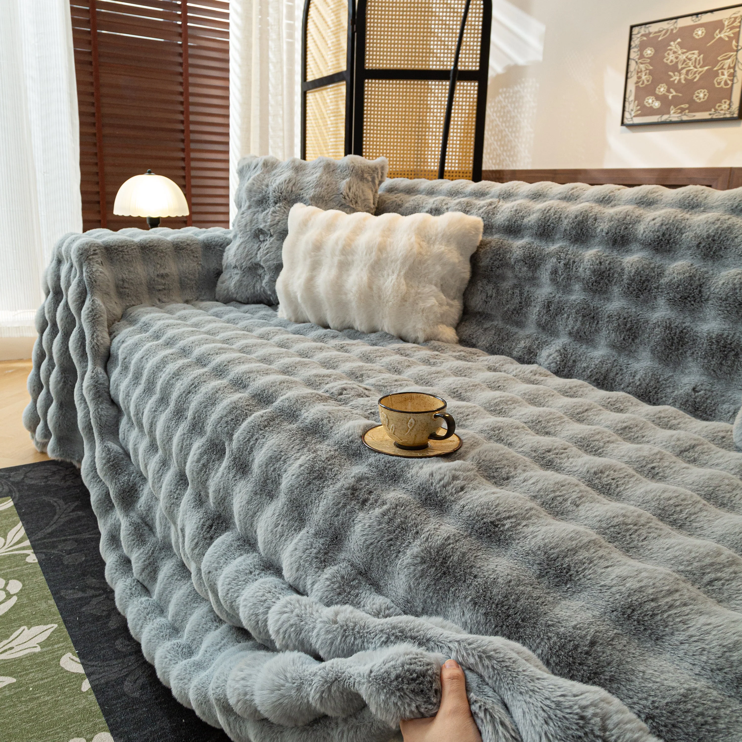 Thick Faux Fur Sofa Cover Fluffy Plush Warm Sofa Slipcover Furniture Protector for Couch Bed - Image 86