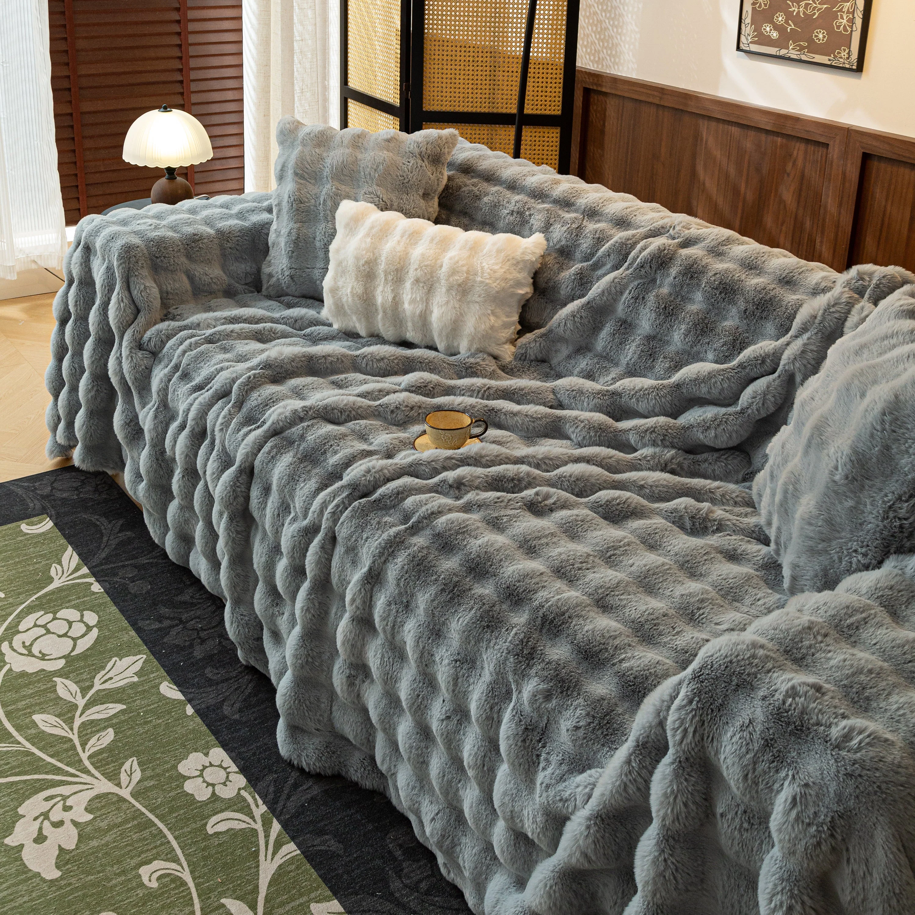 Thick Faux Fur Sofa Cover Fluffy Plush Warm Sofa Slipcover Furniture Protector for Couch Bed - Image 90