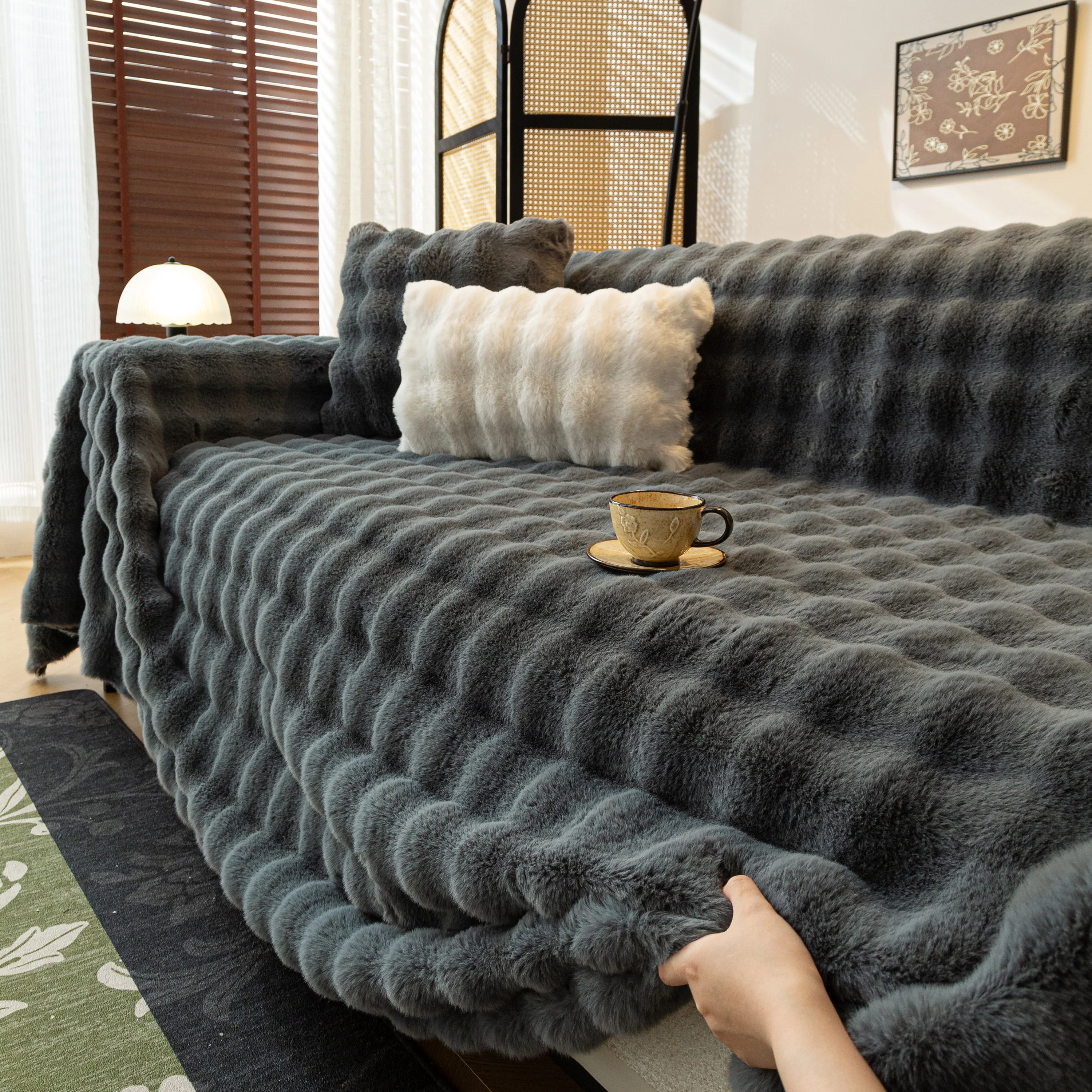 Thick Faux Fur Sofa Cover Fluffy Plush Warm Sofa Slipcover Furniture Protector for Couch Bed - Image 96