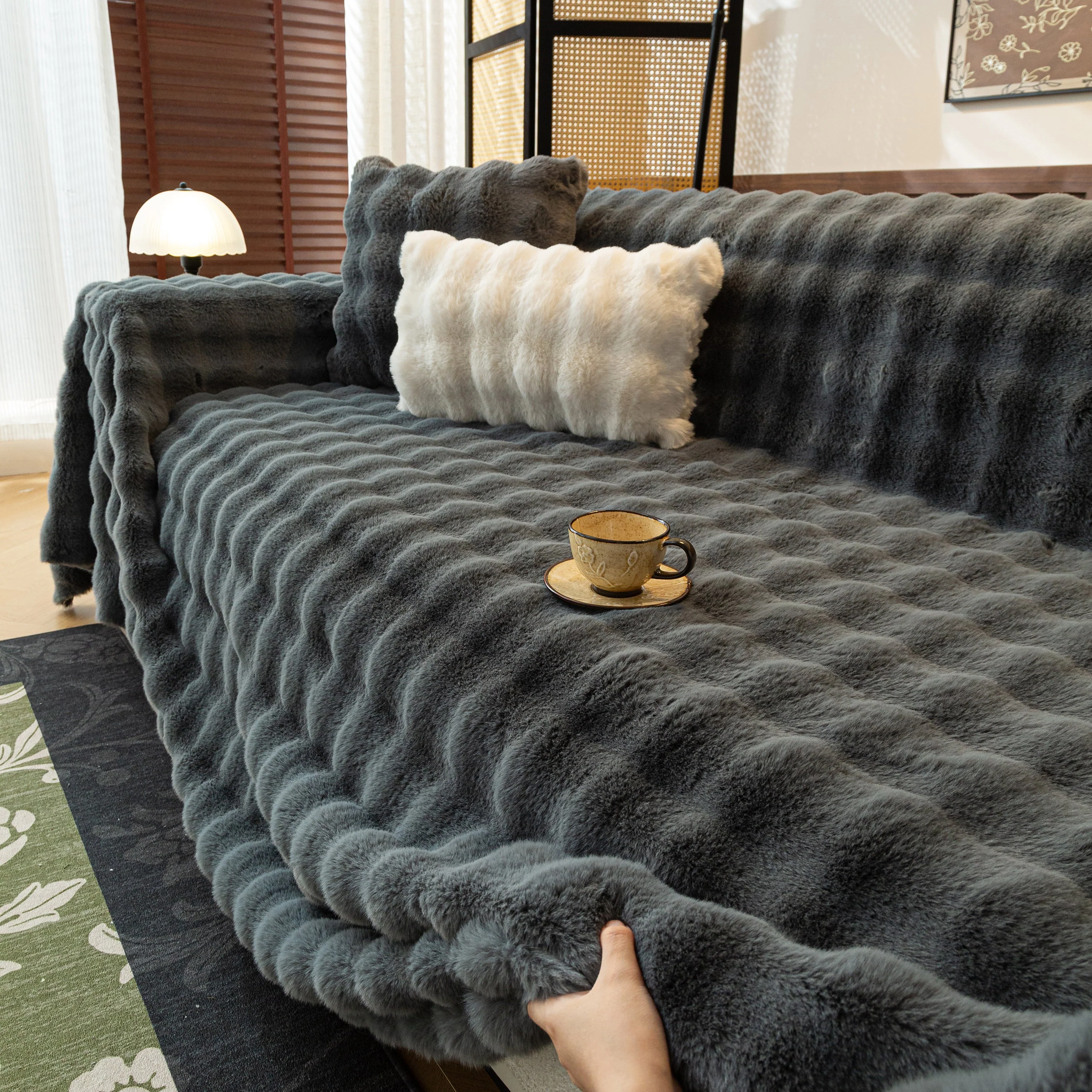 Thick Faux Fur Sofa Cover Fluffy Plush Warm Sofa Slipcover Furniture Protector for Couch Bed - Image 98