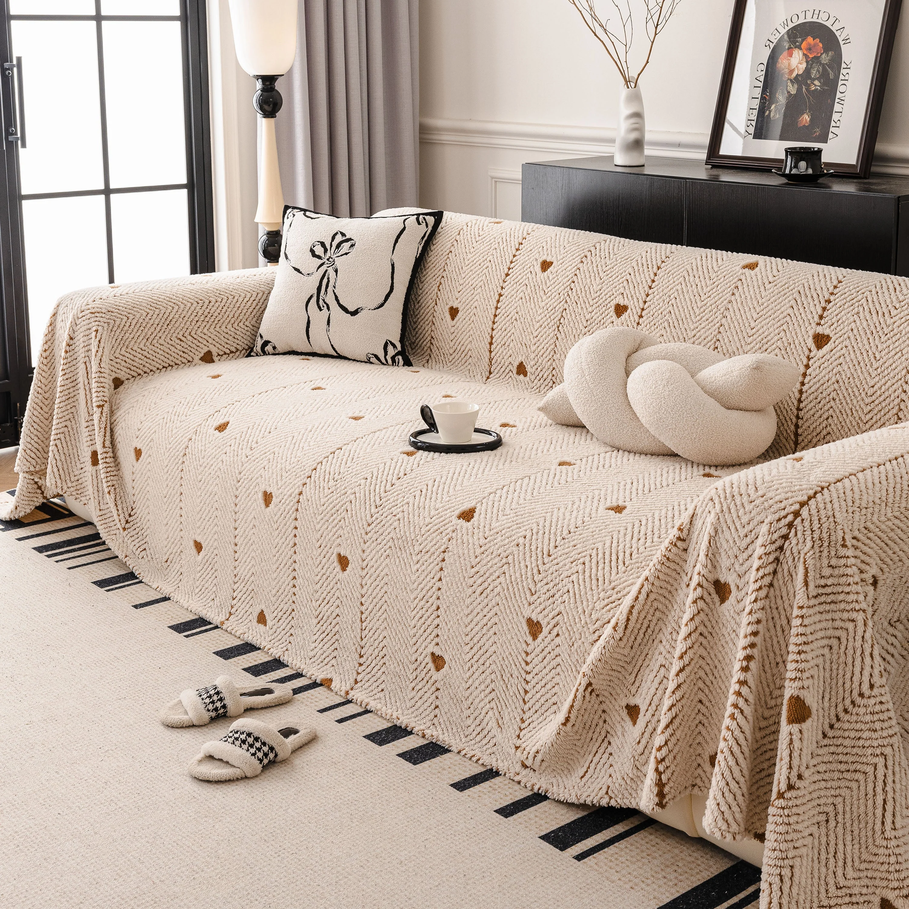 Thick Plush Sofa Cover Throw for Couch, 3D Textured Herringbone Washable Slipcover - Image 67