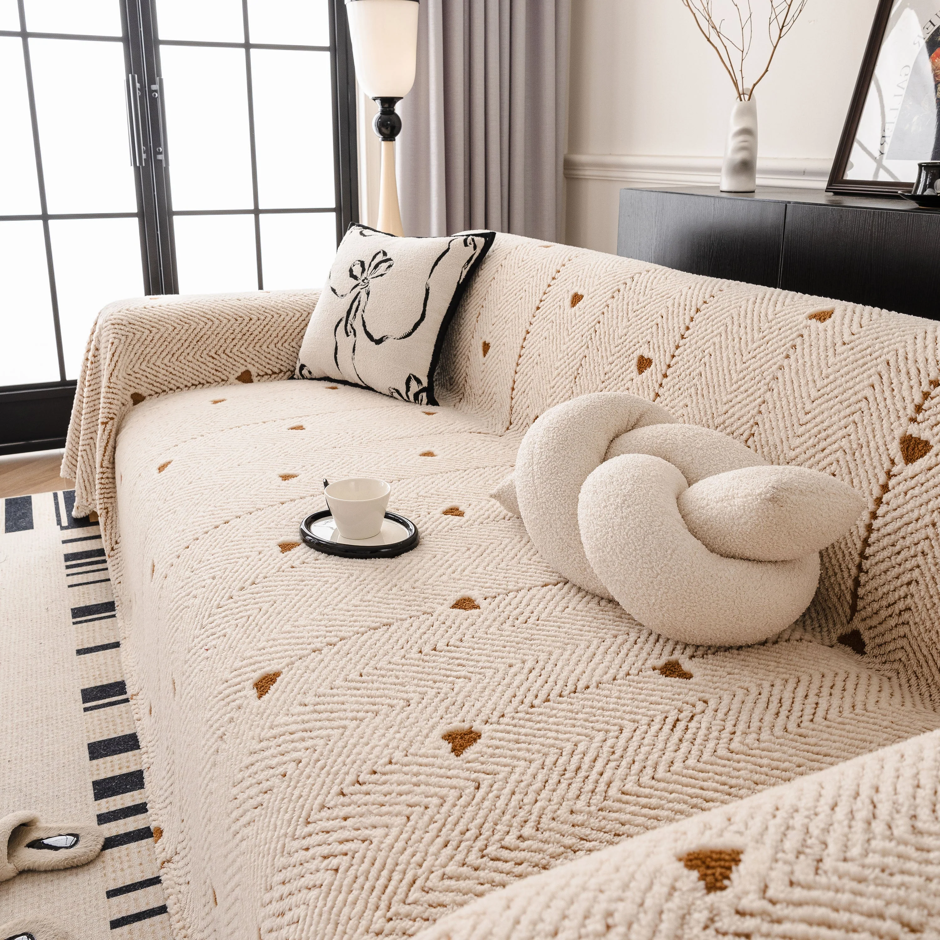 Thick Plush Sofa Cover Throw for Couch, 3D Textured Herringbone Washable Slipcover - Image 87