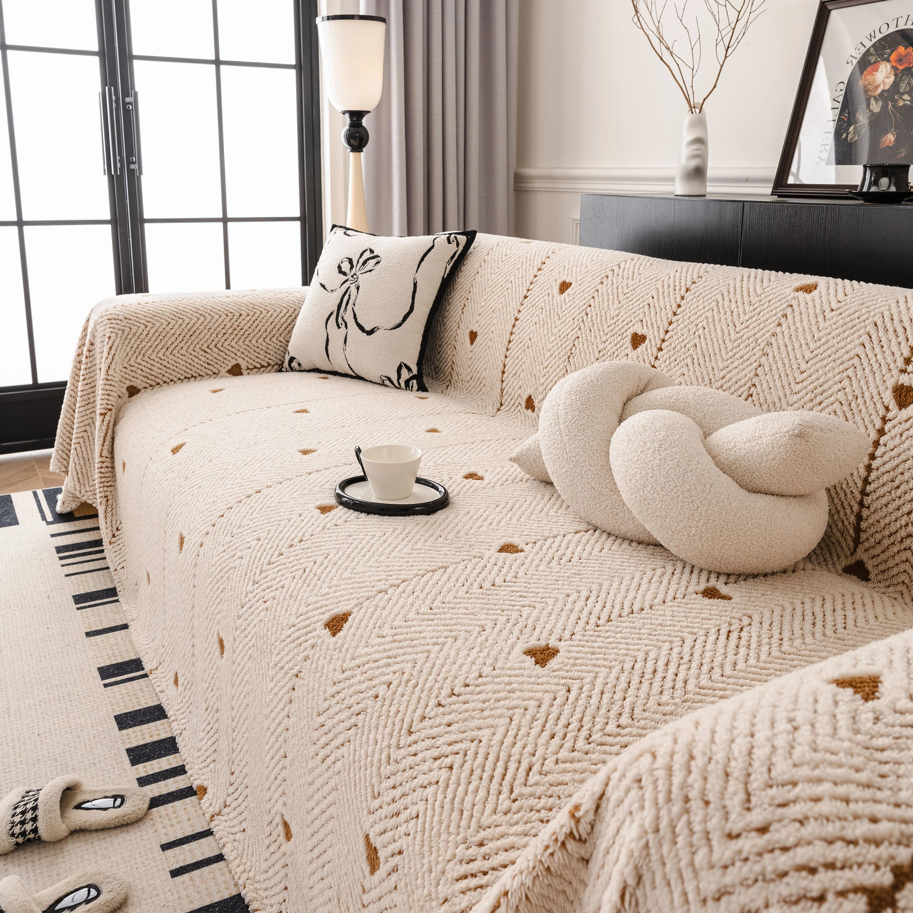 Thick Plush Sofa Cover Throw for Couch, 3D Textured Herringbone Washable Slipcover - Image 88