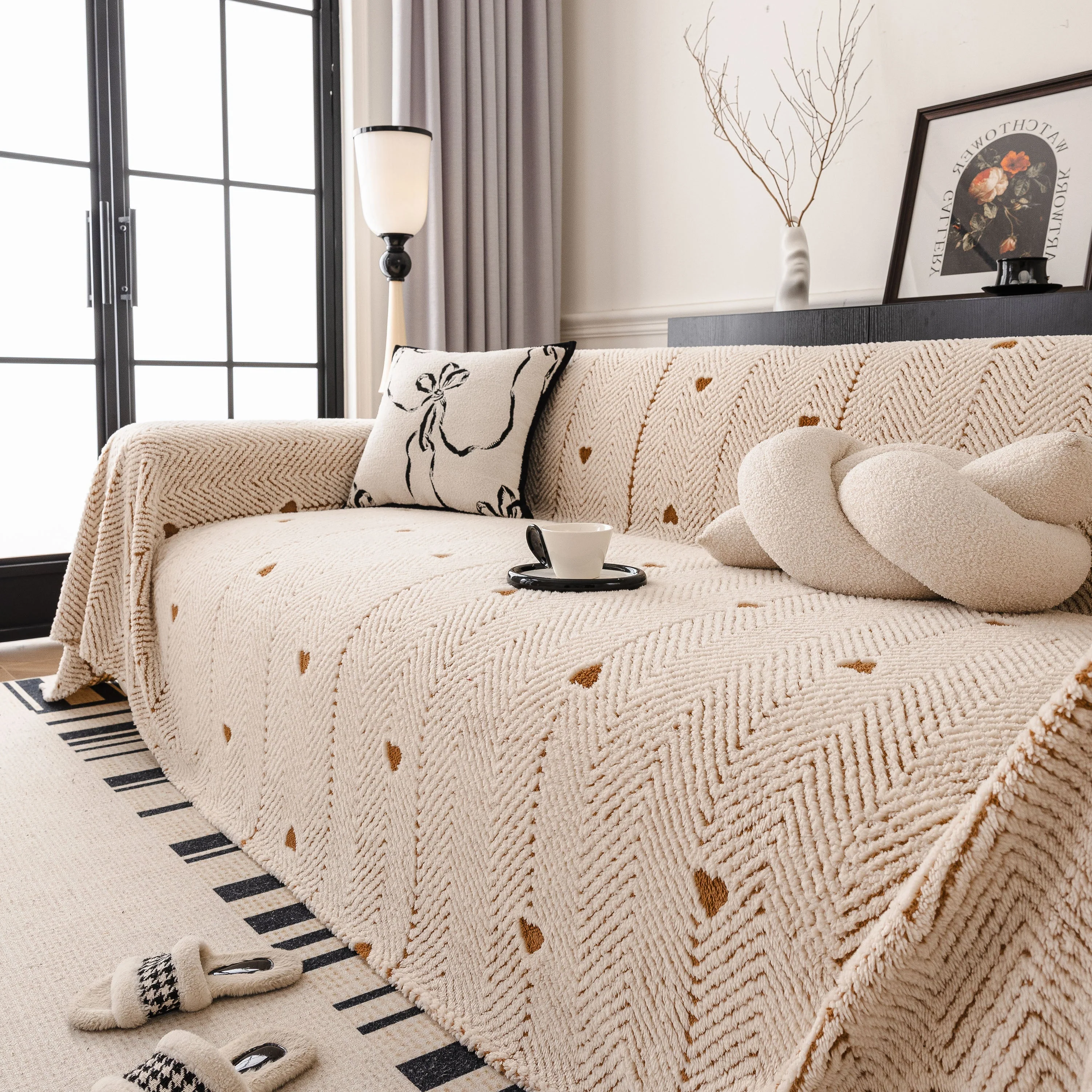Thick Plush Sofa Cover Throw for Couch, 3D Textured Herringbone Washable Slipcover - Image 89
