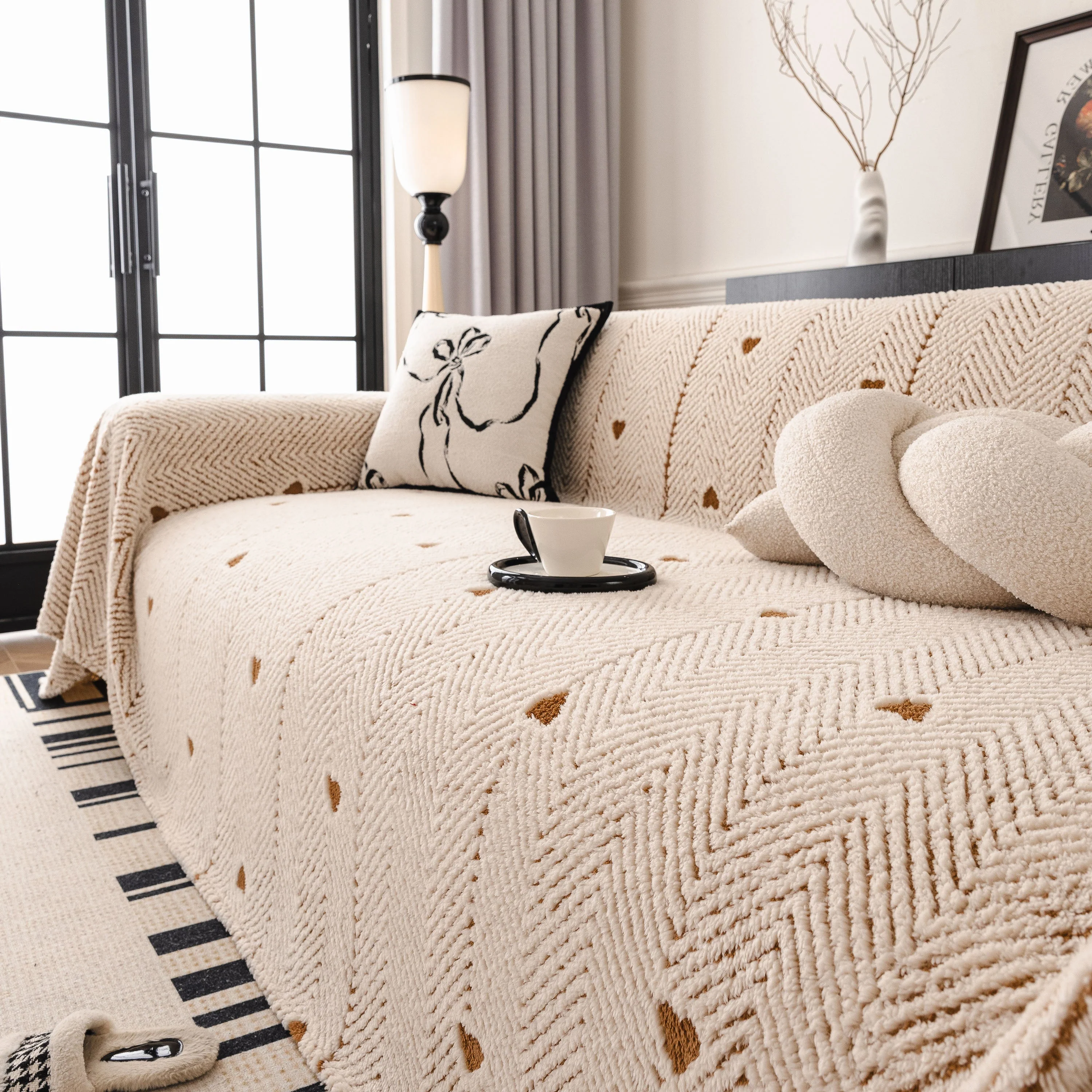Thick Plush Sofa Cover Throw for Couch, 3D Textured Herringbone Washable Slipcover - Image 90
