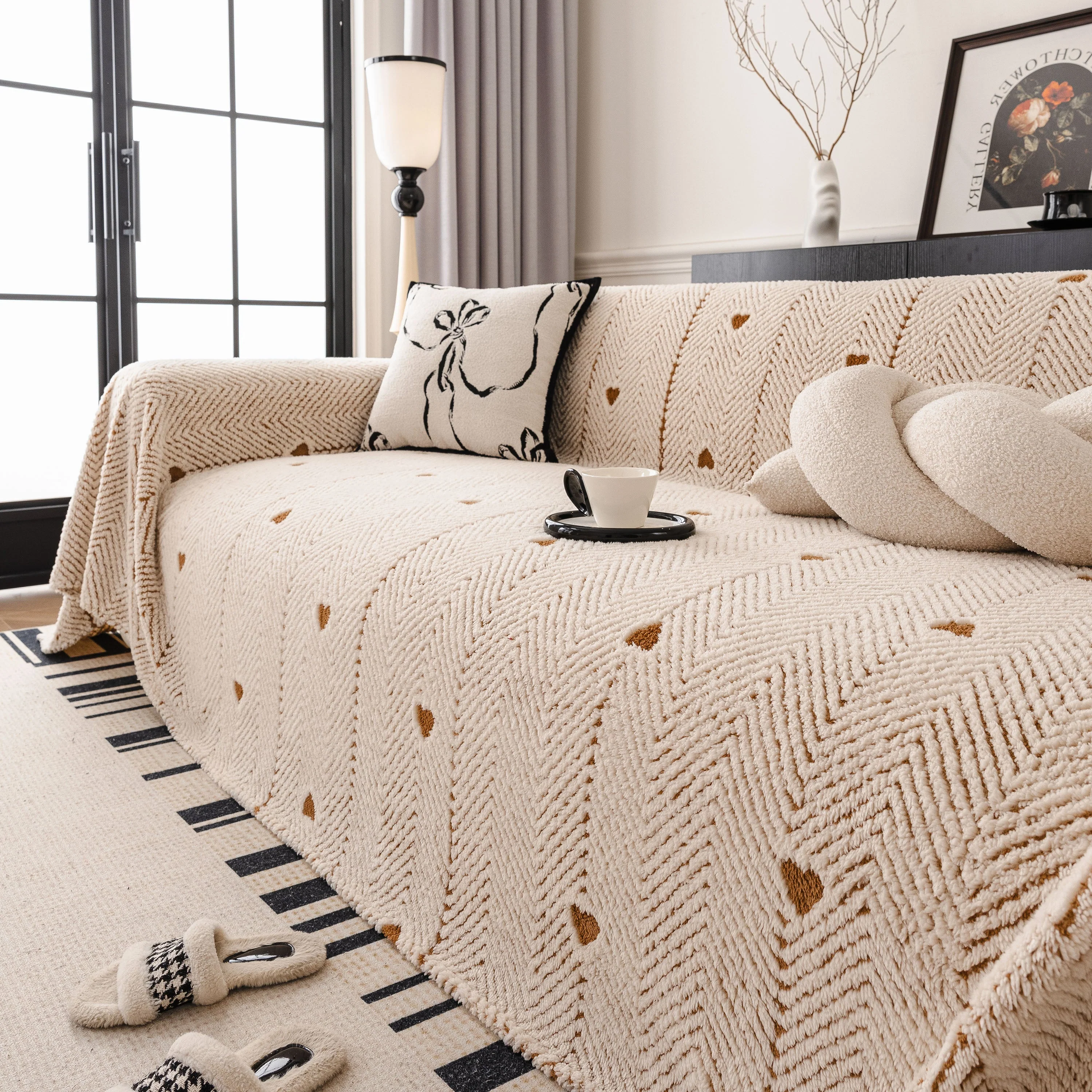 Thick Plush Sofa Cover Throw for Couch, 3D Textured Herringbone Washable Slipcover - Image 91