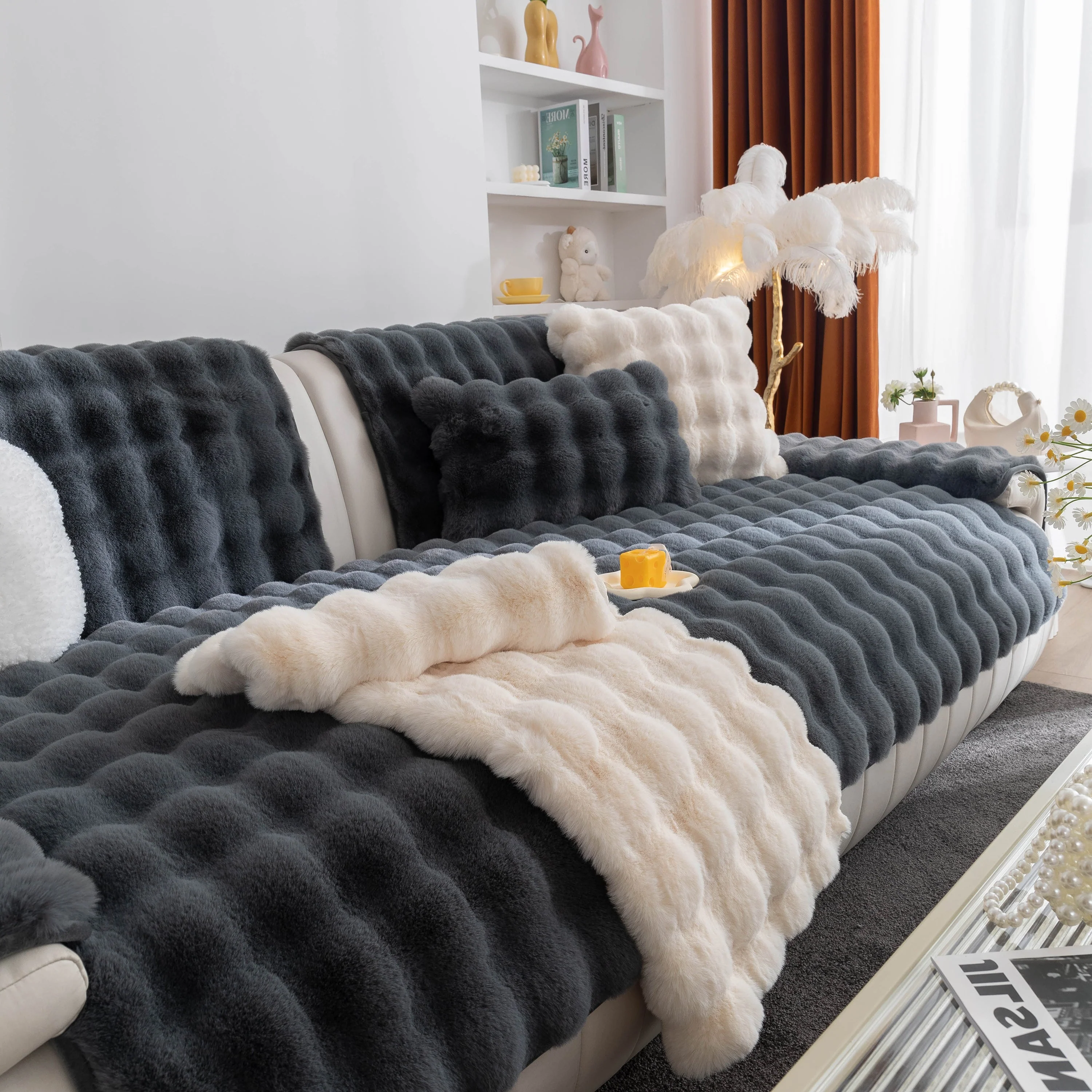 Thick Sofa Cushion Solid Color Faux Fur Fluffy Sofa Cushion Non-Slip Couch Covers - Image 10