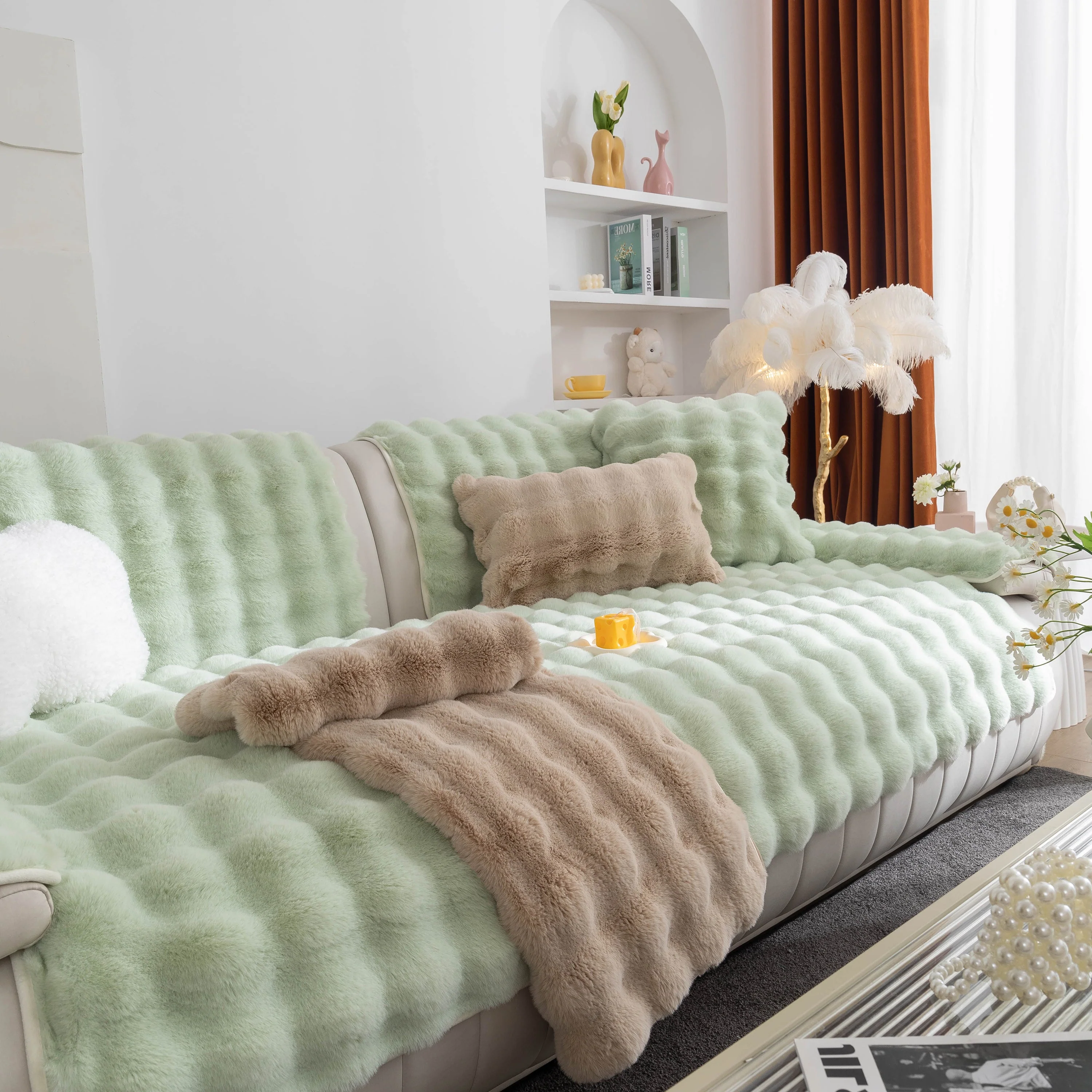 Thick Sofa Cushion Solid Color Faux Fur Fluffy Sofa Cushion Non-Slip Couch Covers - Image 100