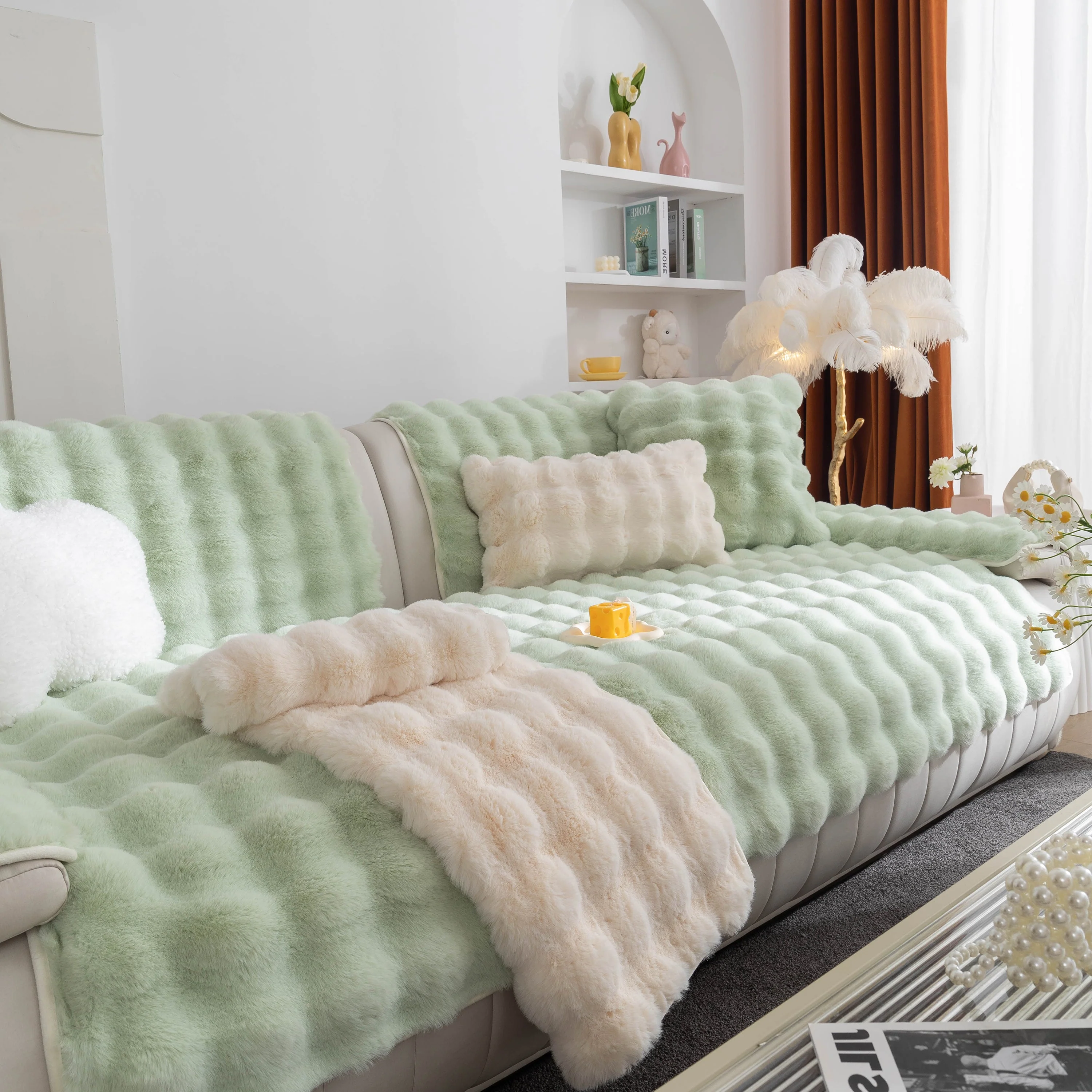 Thick Sofa Cushion Solid Color Faux Fur Fluffy Sofa Cushion Non-Slip Couch Covers - Image 101