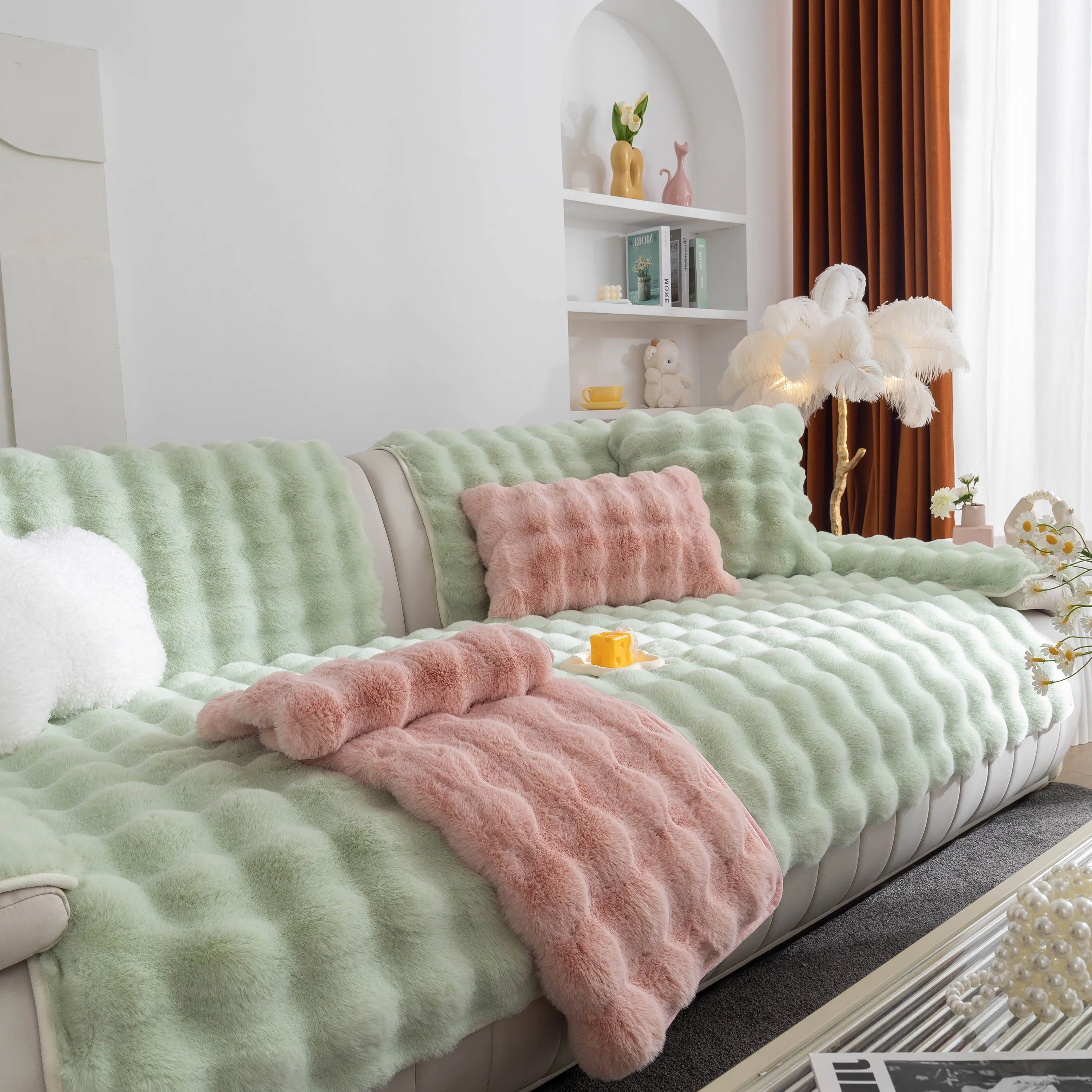 Thick Sofa Cushion Solid Color Faux Fur Fluffy Sofa Cushion Non-Slip Couch Covers - Image 102