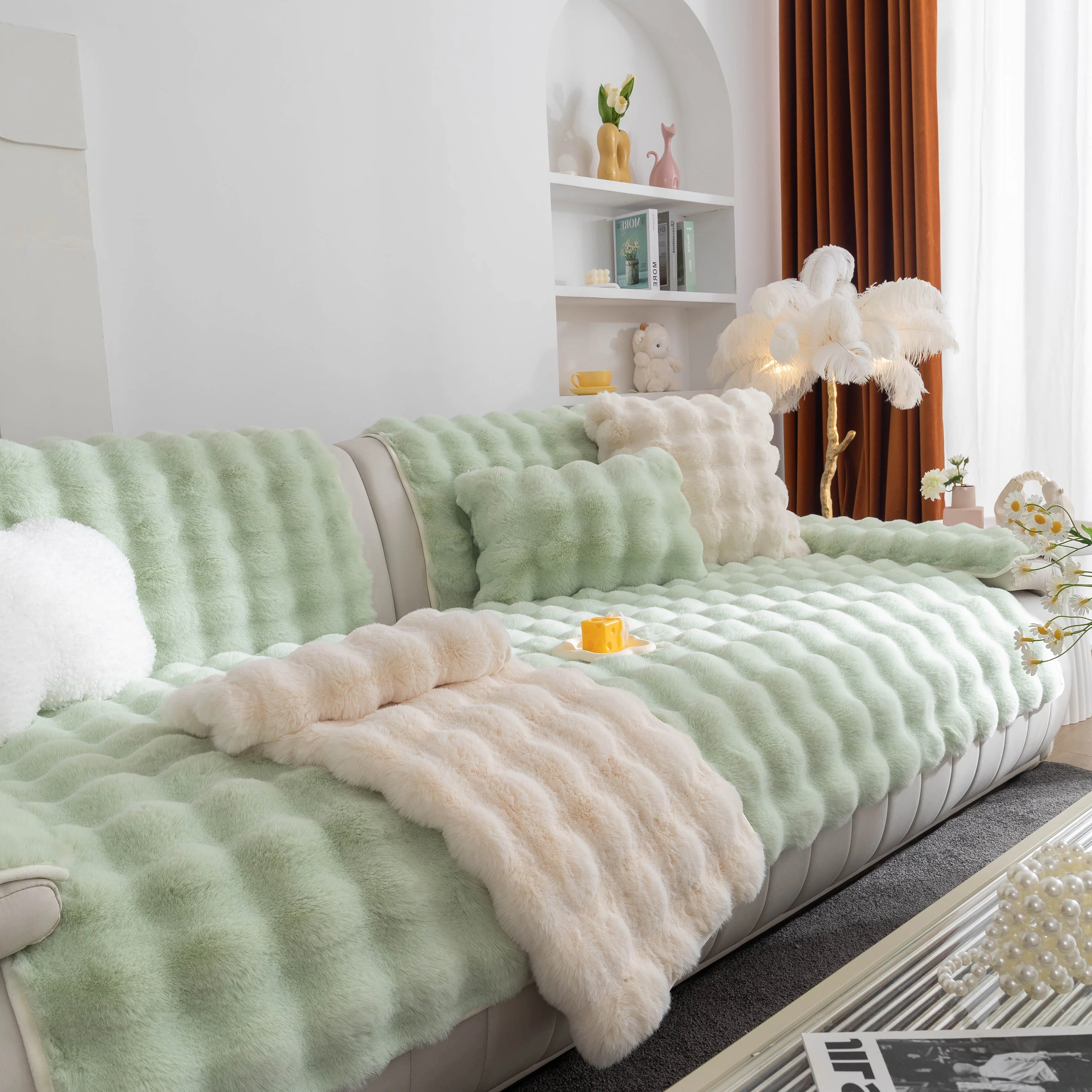 Thick Sofa Cushion Solid Color Faux Fur Fluffy Sofa Cushion Non-Slip Couch Covers - Image 103