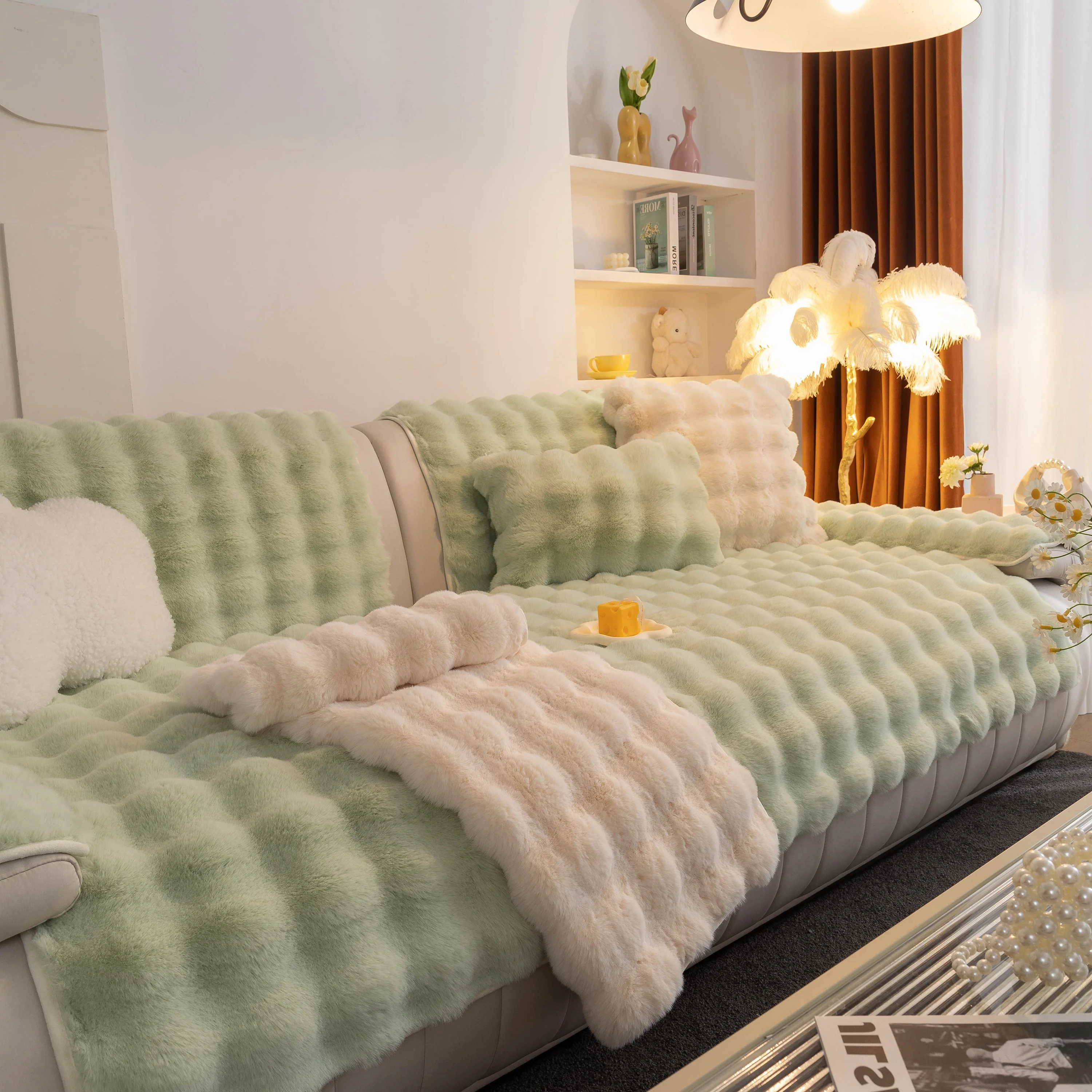 Thick Sofa Cushion Solid Color Faux Fur Fluffy Sofa Cushion Non-Slip Couch Covers - Image 104