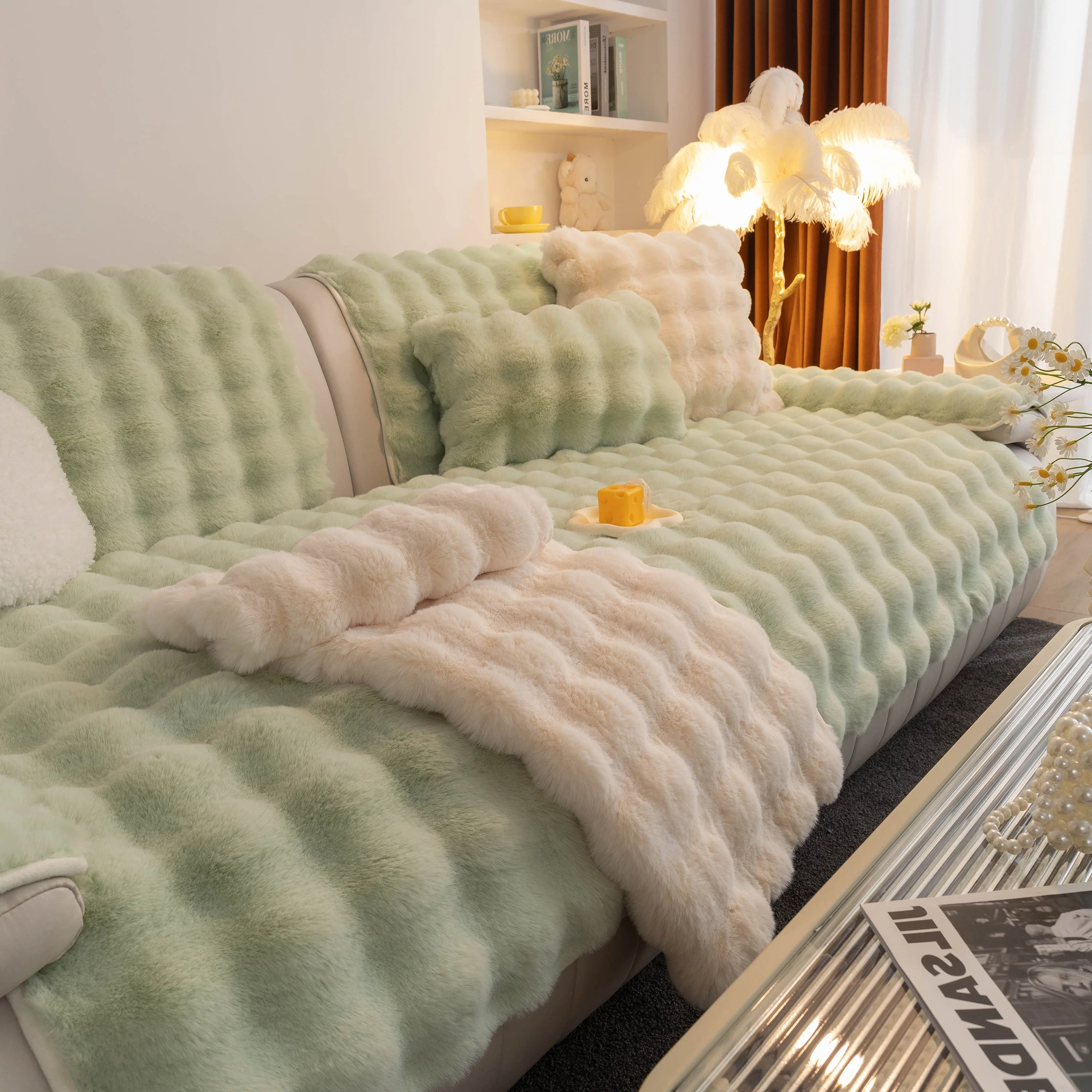 Thick Sofa Cushion Solid Color Faux Fur Fluffy Sofa Cushion Non-Slip Couch Covers - Image 105
