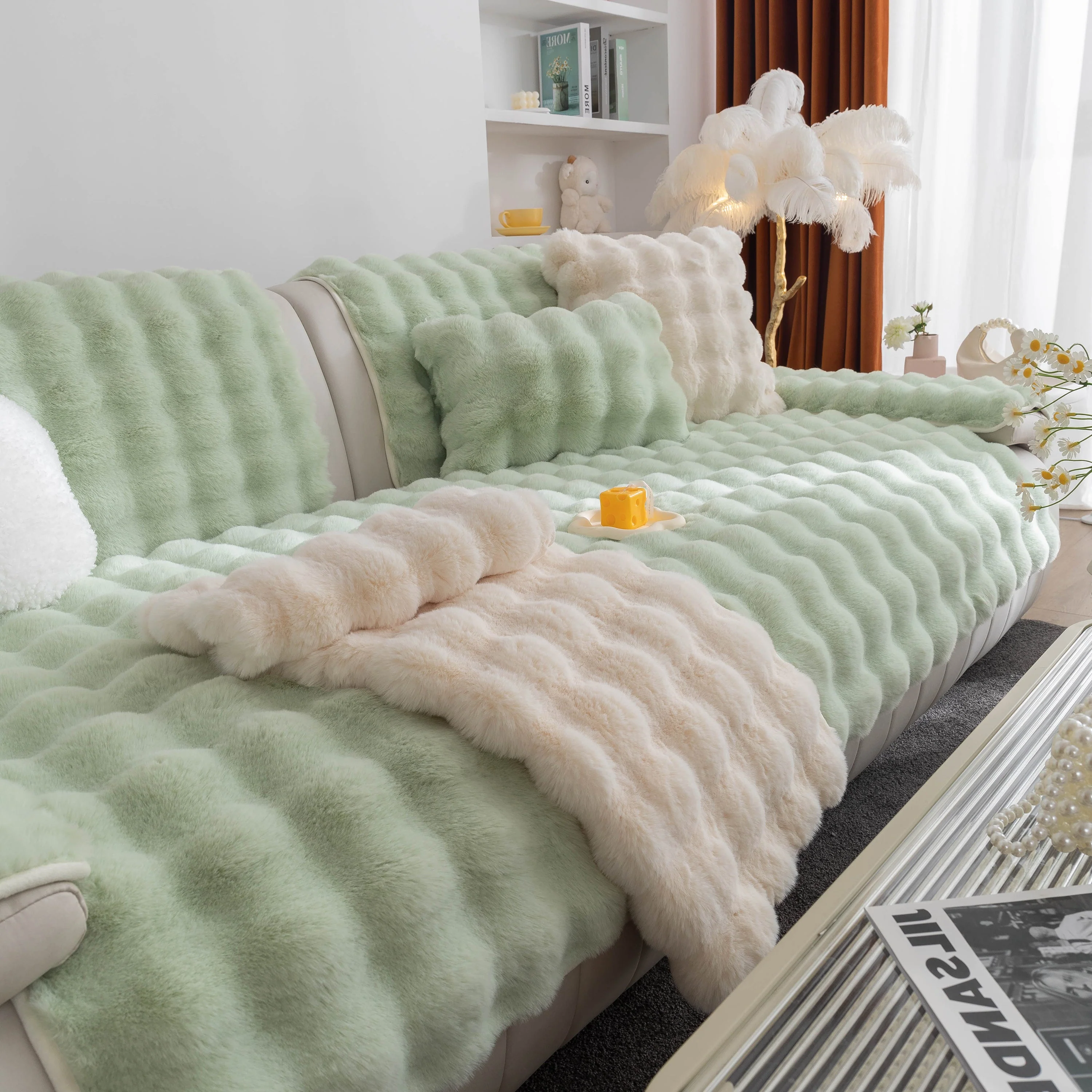 Thick Sofa Cushion Solid Color Faux Fur Fluffy Sofa Cushion Non-Slip Couch Covers - Image 106