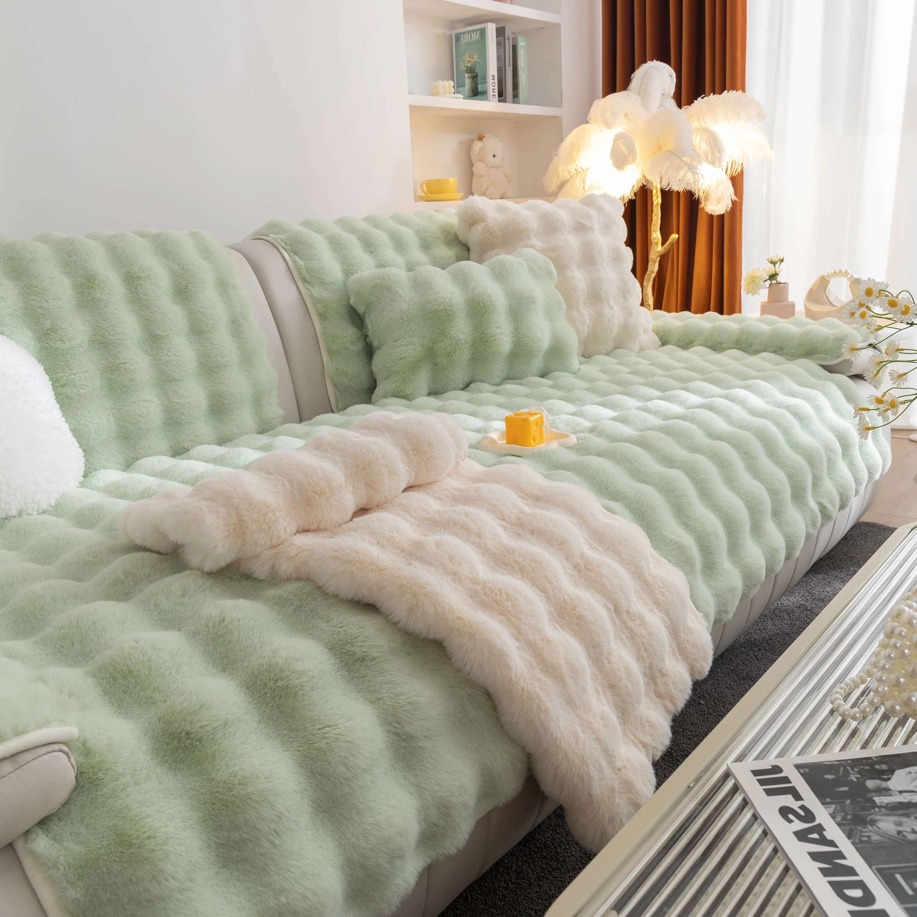 Thick Sofa Cushion Solid Color Faux Fur Fluffy Sofa Cushion Non-Slip Couch Covers - Image 107