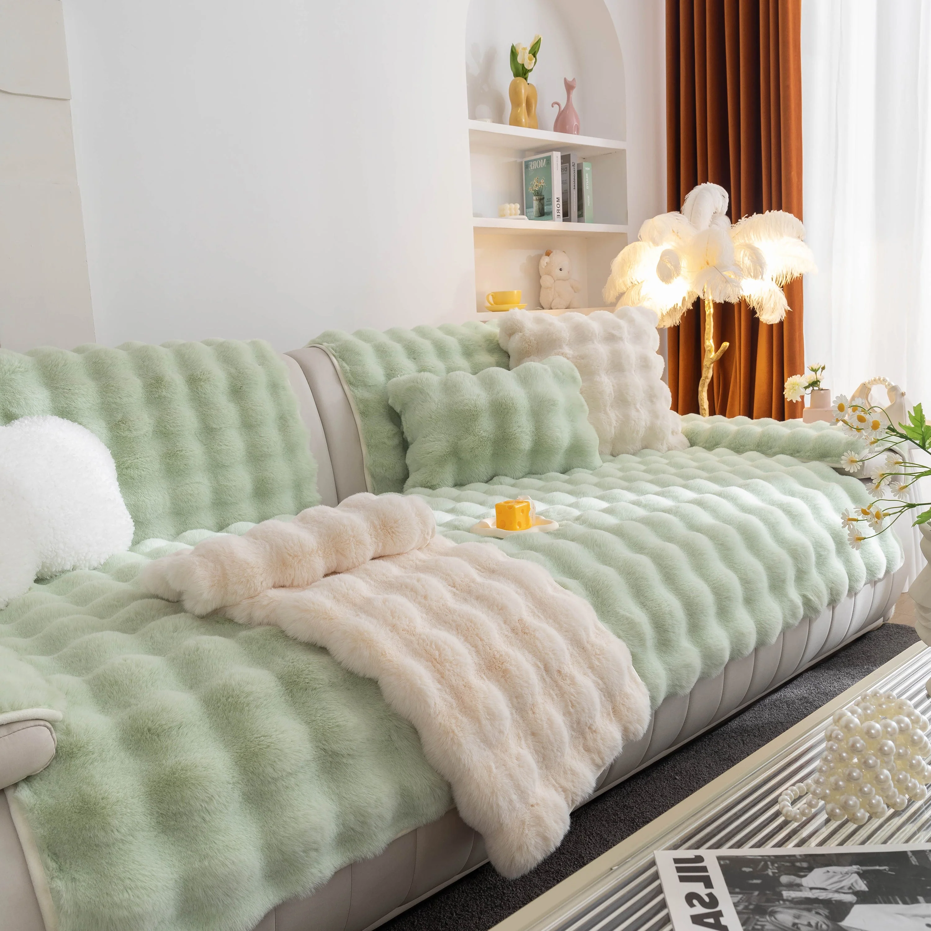Thick Sofa Cushion Solid Color Faux Fur Fluffy Sofa Cushion Non-Slip Couch Covers - Image 108