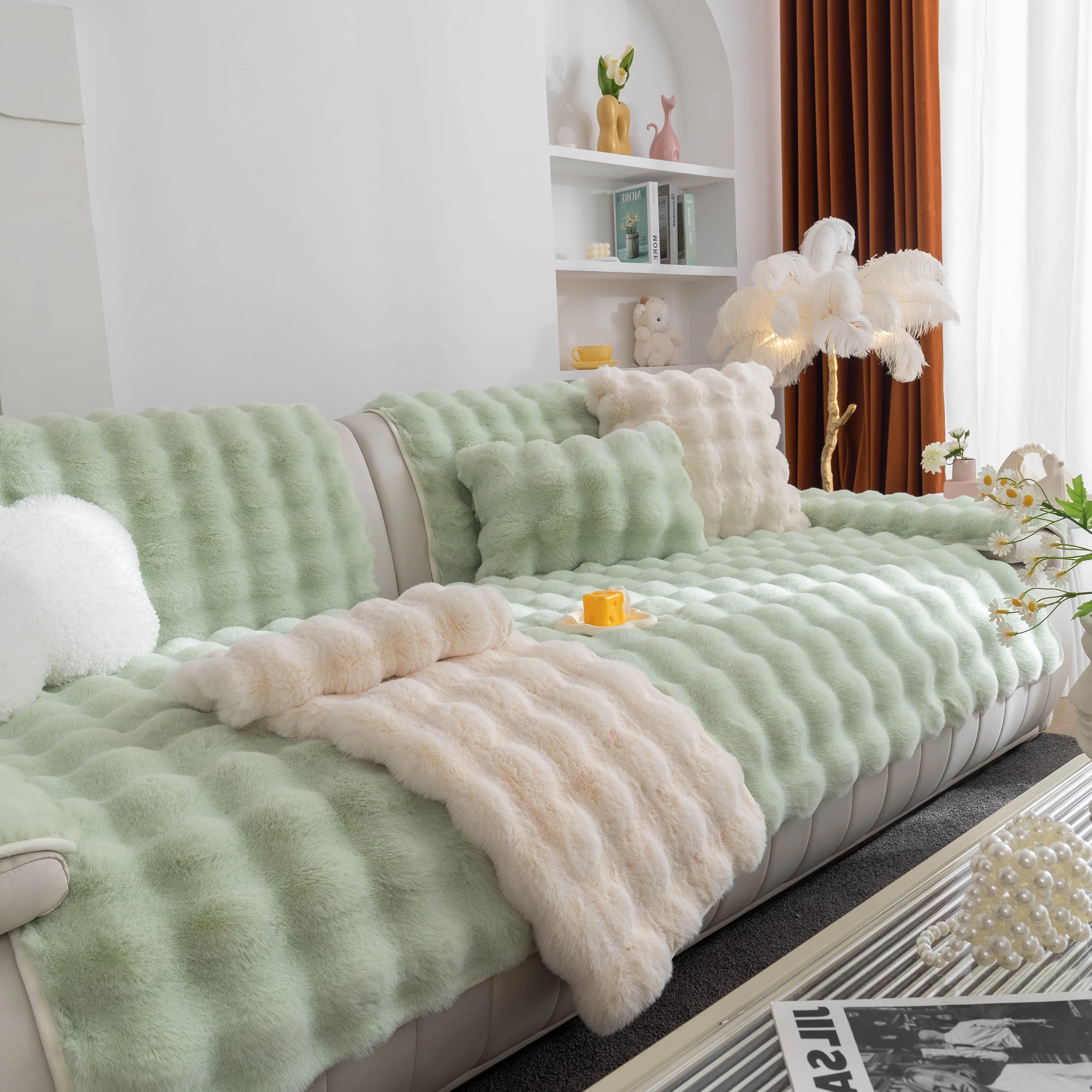 Thick Sofa Cushion Solid Color Faux Fur Fluffy Sofa Cushion Non-Slip Couch Covers - Image 109