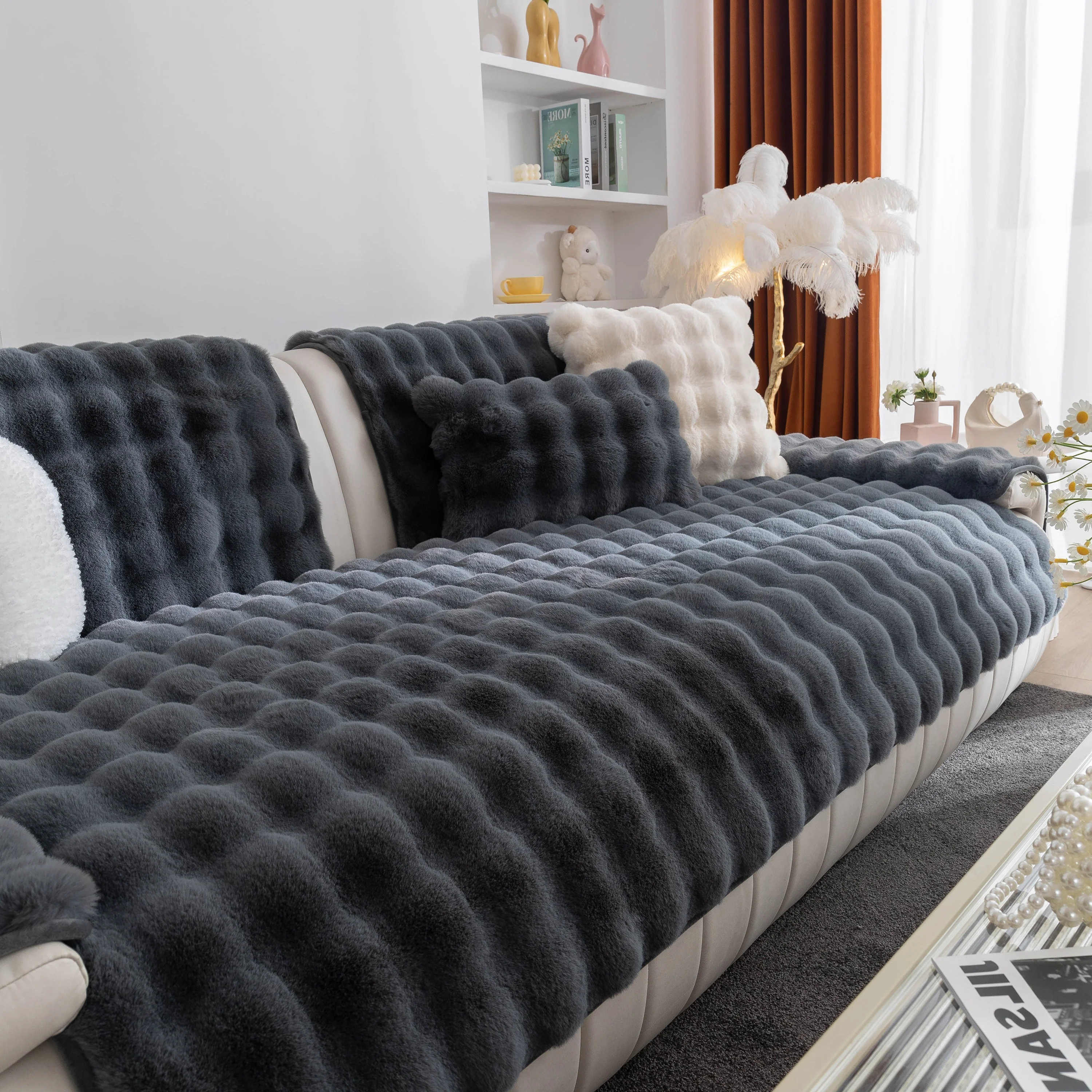 Thick Sofa Cushion Solid Color Faux Fur Fluffy Sofa Cushion Non-Slip Couch Covers - Image 11