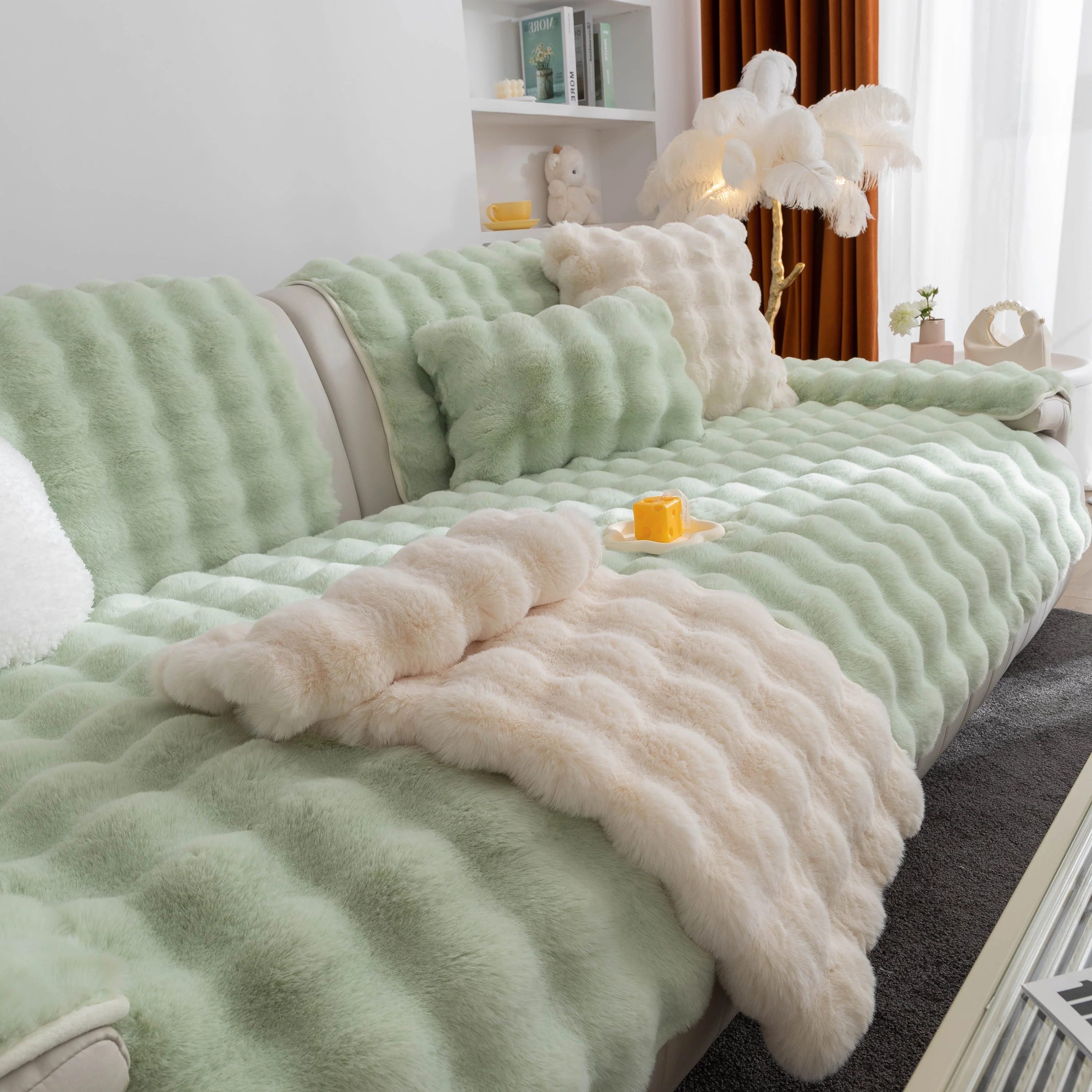 Thick Sofa Cushion Solid Color Faux Fur Fluffy Sofa Cushion Non-Slip Couch Covers - Image 110