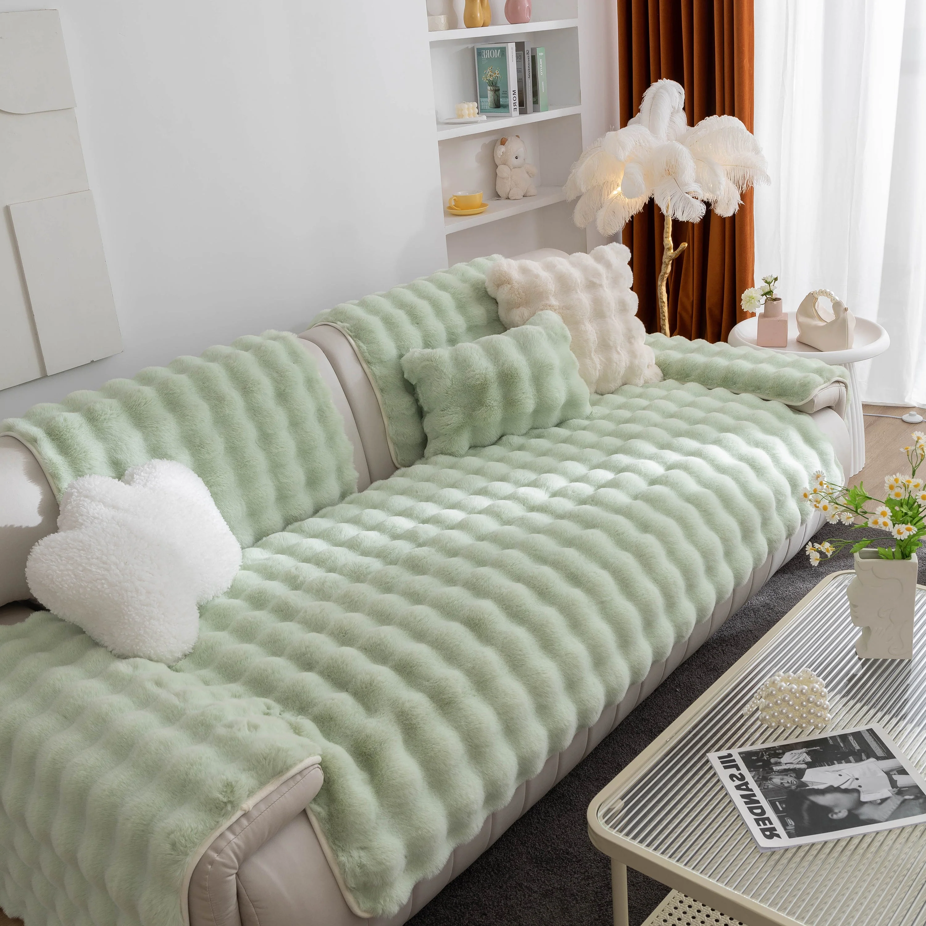 Thick Sofa Cushion Solid Color Faux Fur Fluffy Sofa Cushion Non-Slip Couch Covers - Image 113