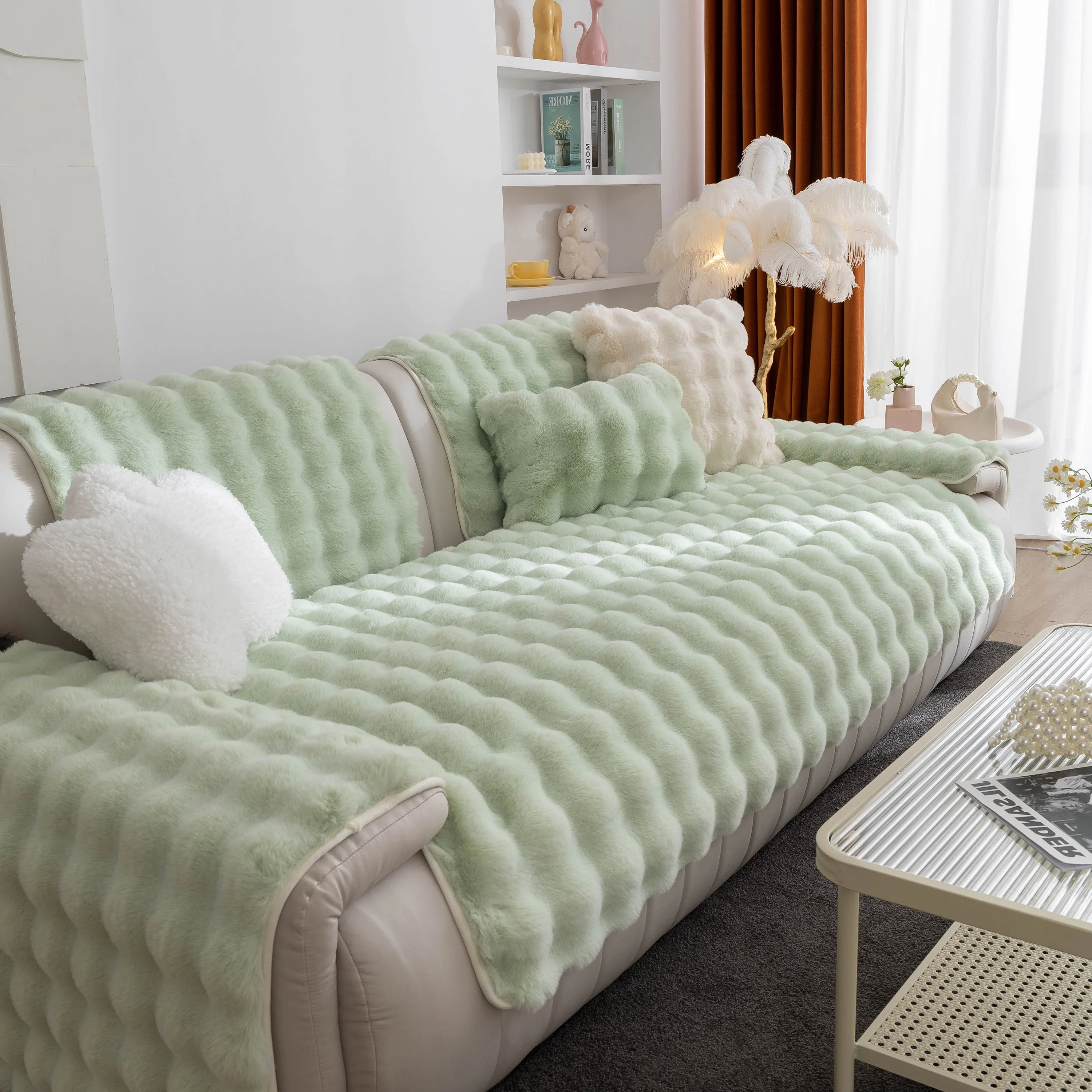 Thick Sofa Cushion Solid Color Faux Fur Fluffy Sofa Cushion Non-Slip Couch Covers - Image 114