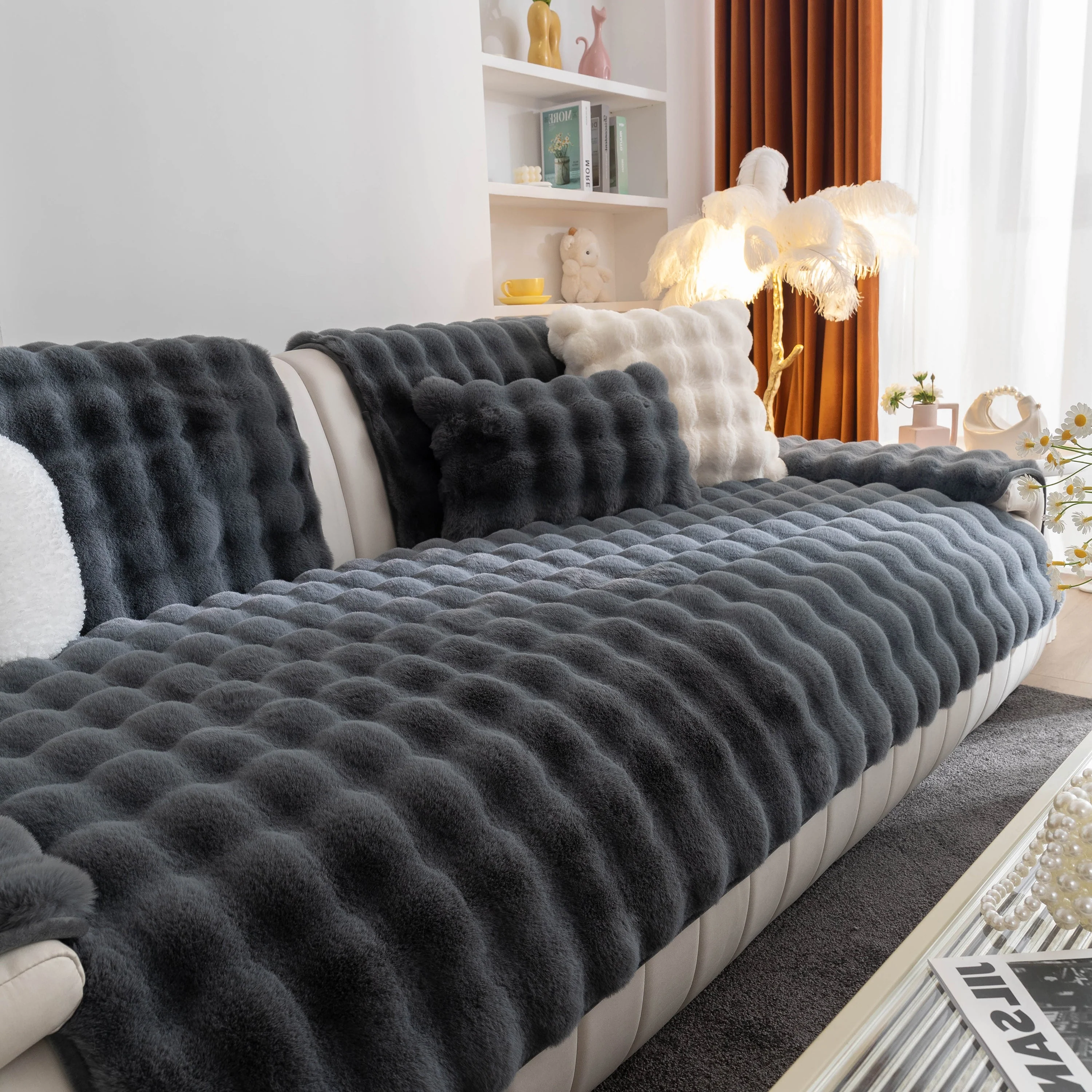 Thick Sofa Cushion Solid Color Faux Fur Fluffy Sofa Cushion Non-Slip Couch Covers - Image 12