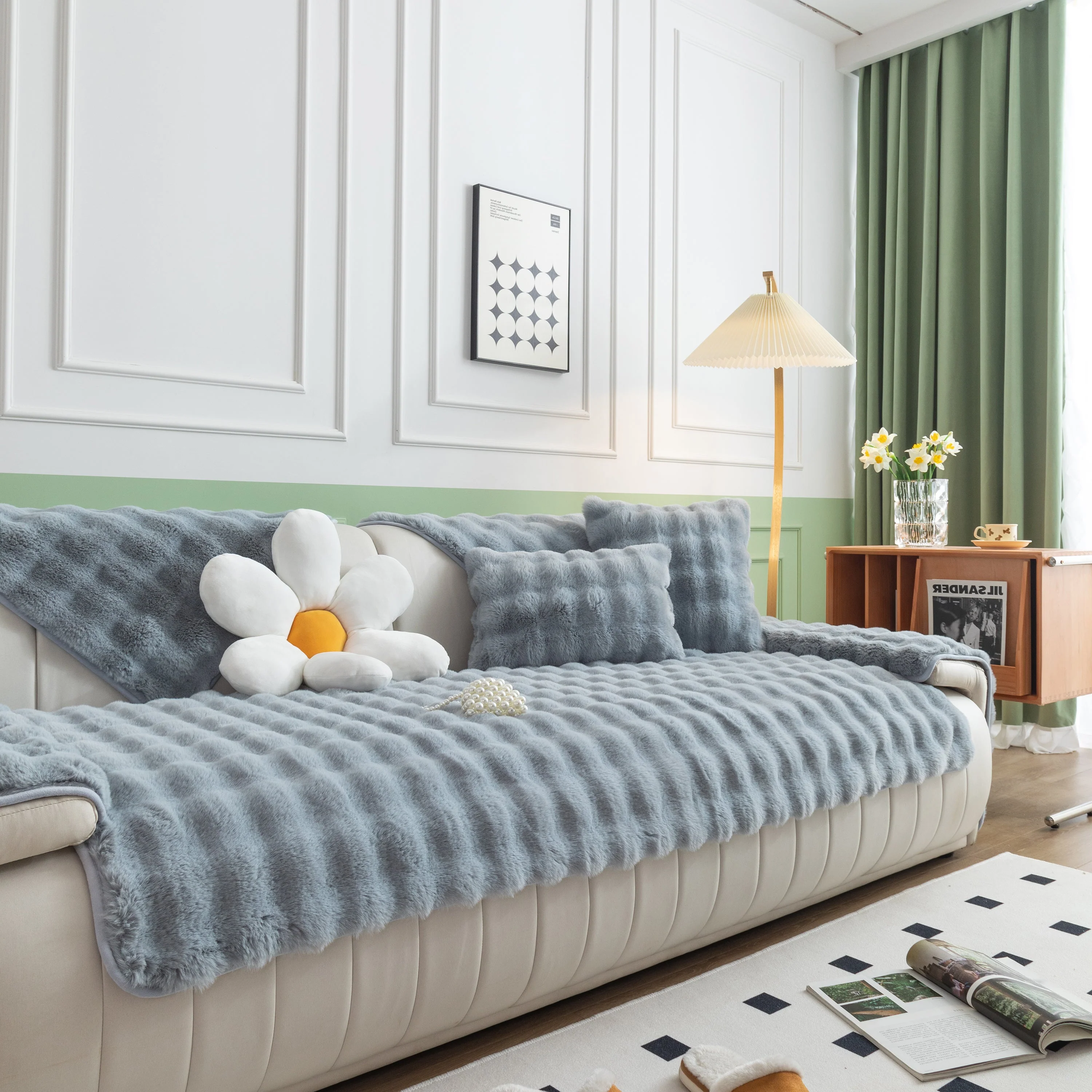 Thick Sofa Cushion Solid Color Faux Fur Fluffy Sofa Cushion Non-Slip Couch Covers - Image 121